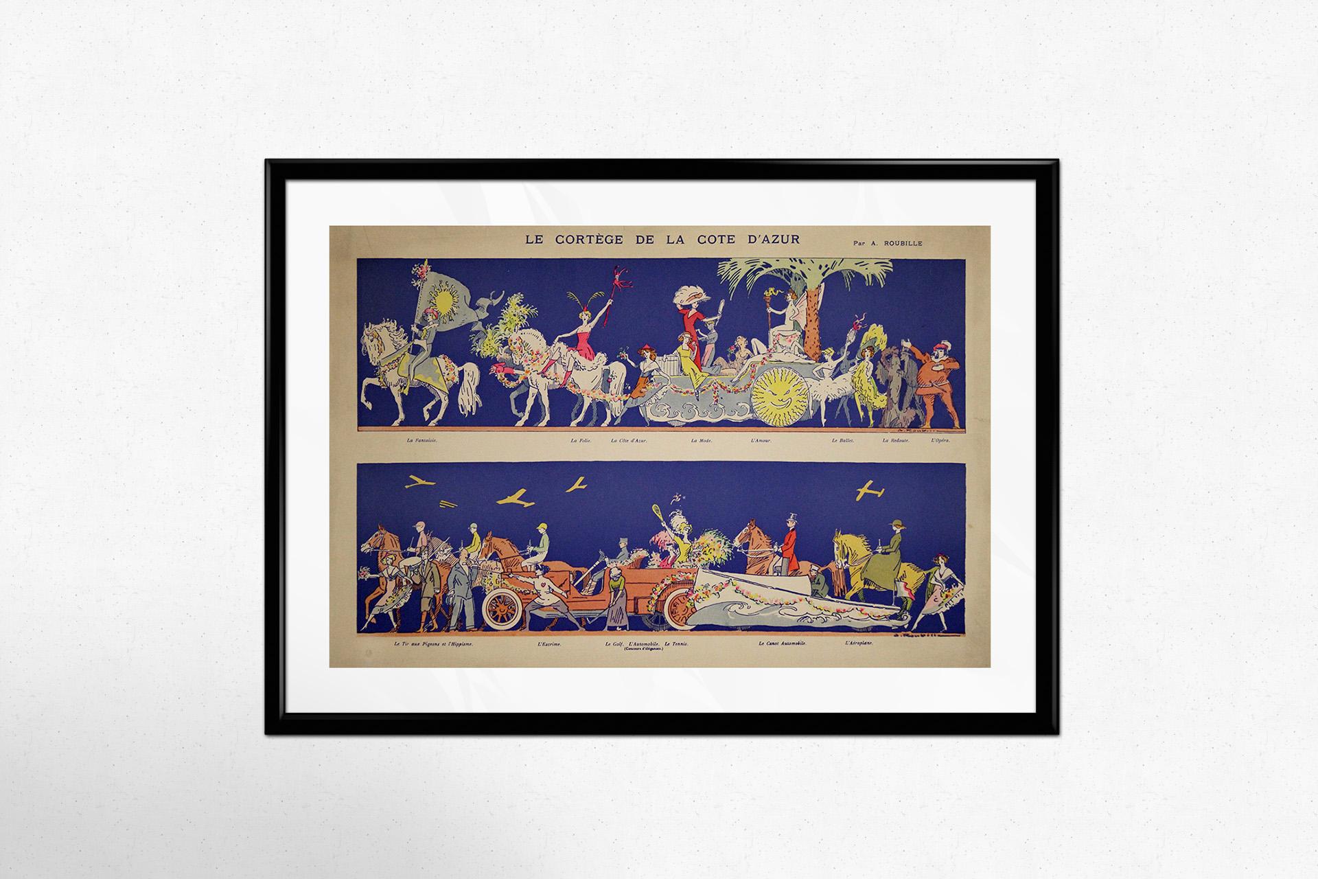 Cette exquise affiche d'exposition originale datant de 1920, Le Cortège de la Côte d'Azur, est une œuvre remarquable d'Auguste Roubille (1872-1955), célèbre illustrateur et affichiste français. L'œuvre d'art incarne l'esprit vivant et glamour de la