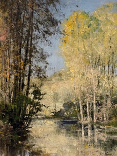 Splendido paesaggio fluviale impressionista francese a olio con riflessi e barca a remi blu