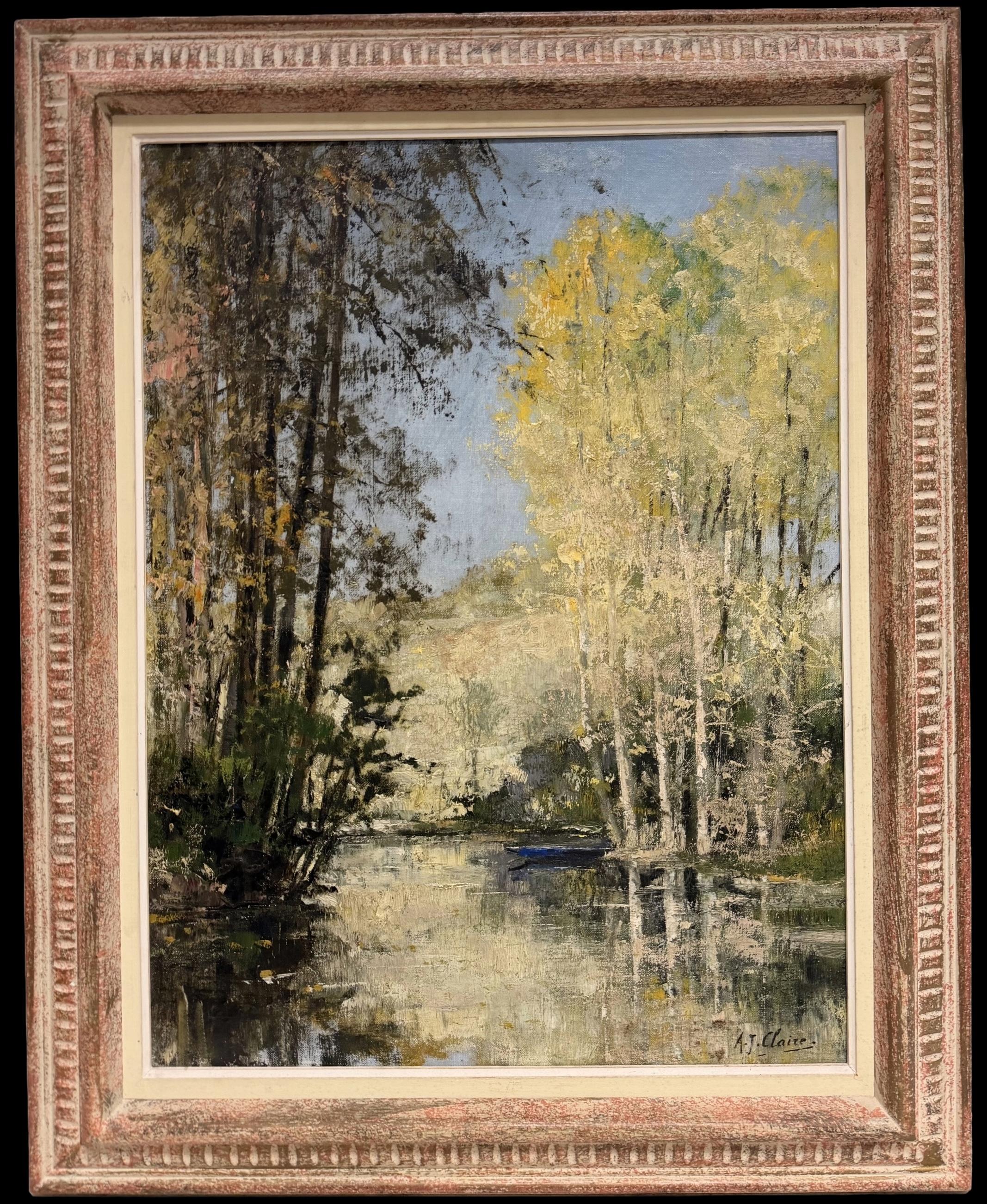 Splendido paesaggio fluviale impressionista francese a olio con riflessi e barca a remi blu