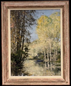 Splendido paesaggio fluviale impressionista francese a olio con riflessi e barca a remi blu