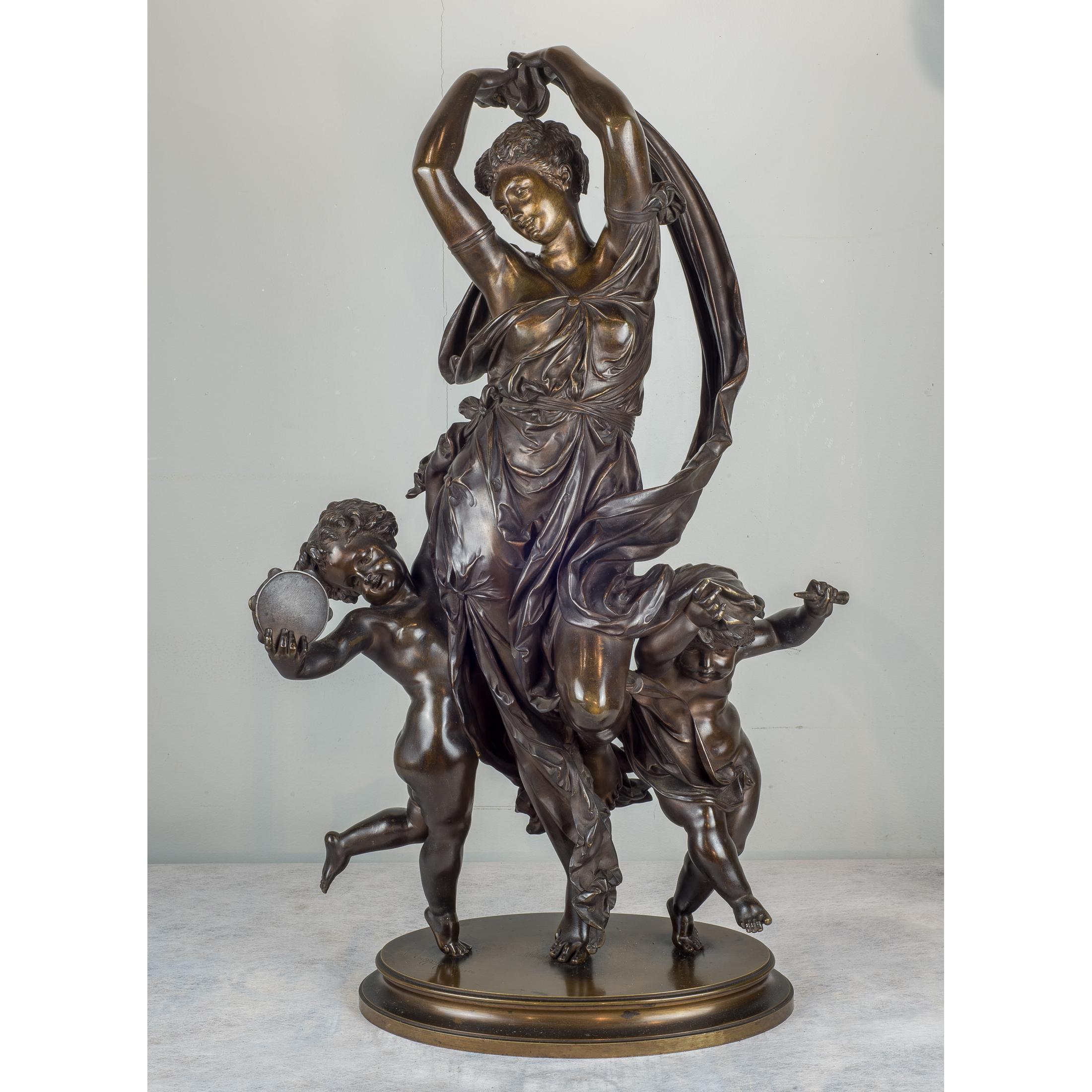 A Fine Quality Patinated Bronze Group of Maenad and Cherubs Dancing - Sculpture by Auguste Joseph Carrier