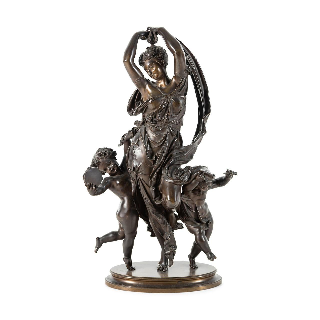 Auguste Joseph Carrier Figurative Sculpture - A Fine Quality Patinated Bronze Group of Maenad and Cherubs Dancing