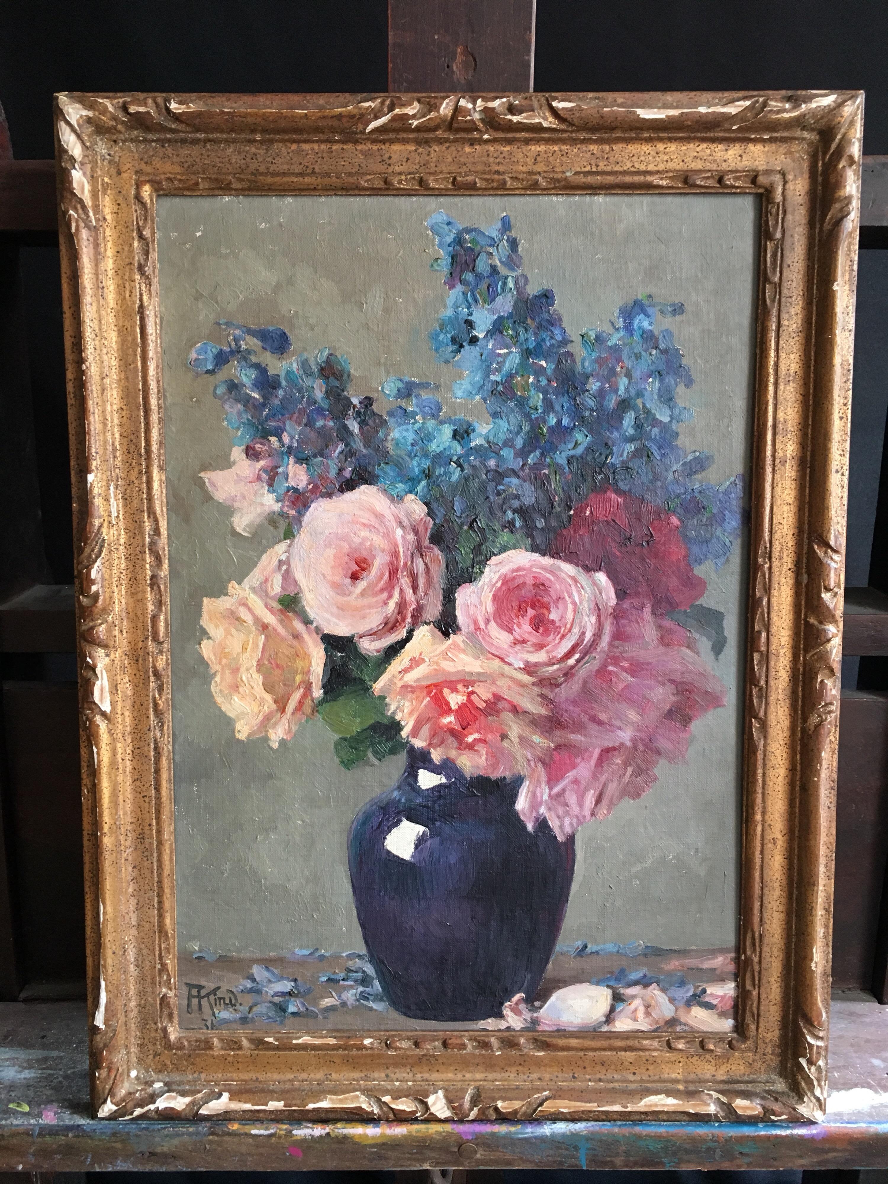Roses in Colourful Bouquet, 1930's French Oil Painting  - Gray Interior Painting by Auguste Kind