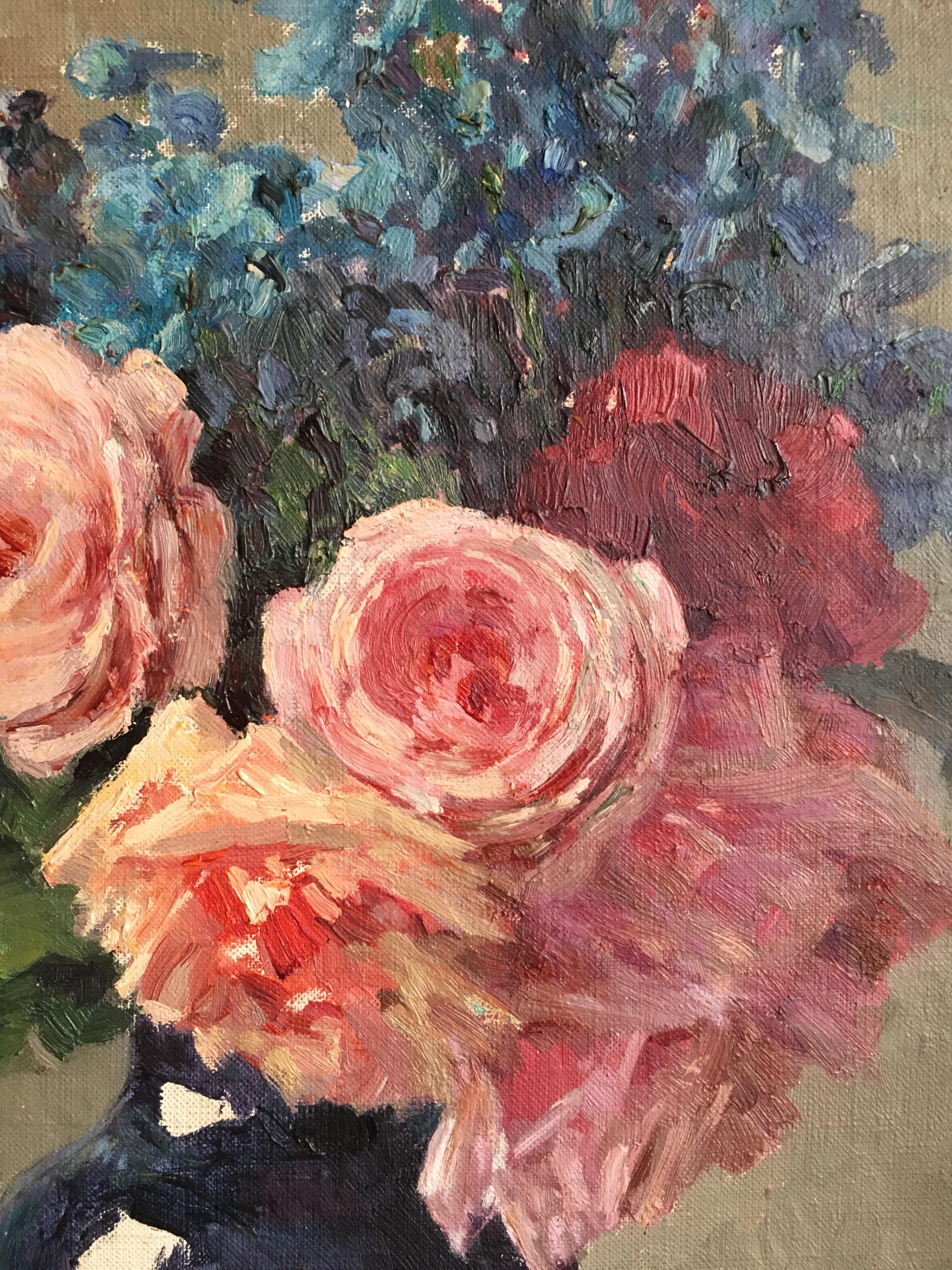 Roses in Colourful Bouquet, 1930's French Oil Painting  1