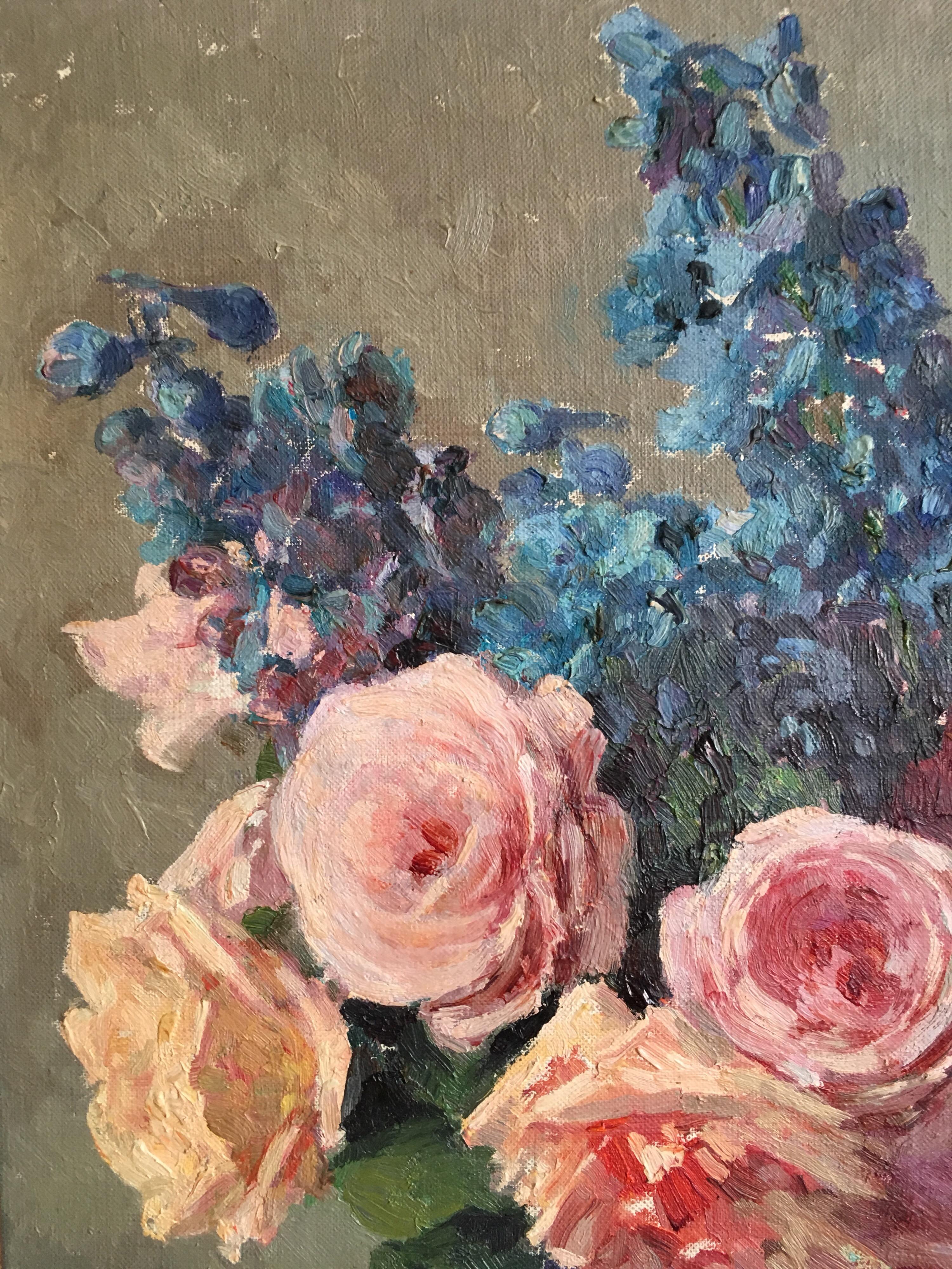 Roses in Colourful Bouquet, 1930's French Oil Painting  2