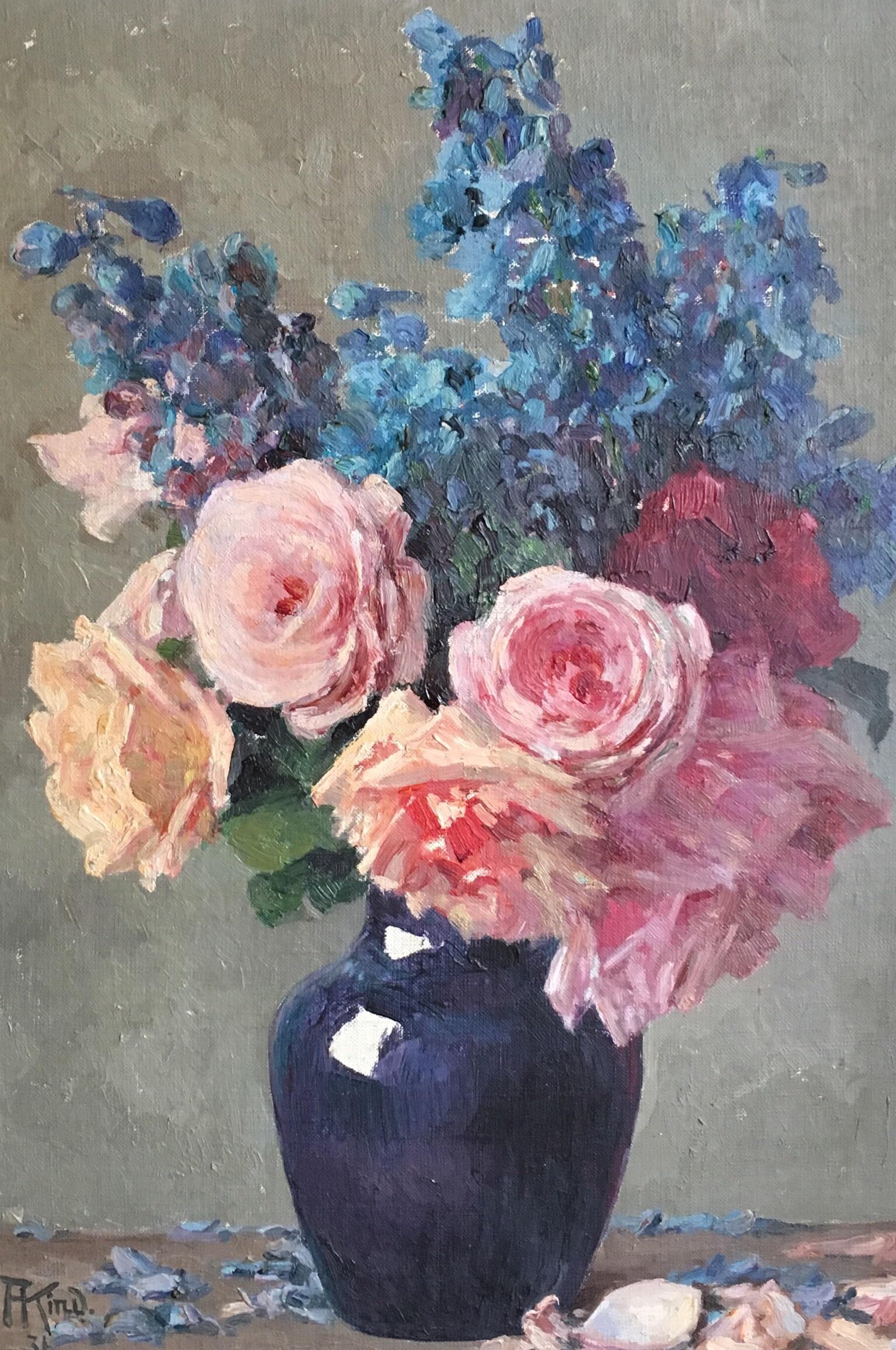 Auguste Kind Interior Painting - Roses in Colourful Bouquet, 1930's French Oil Painting 