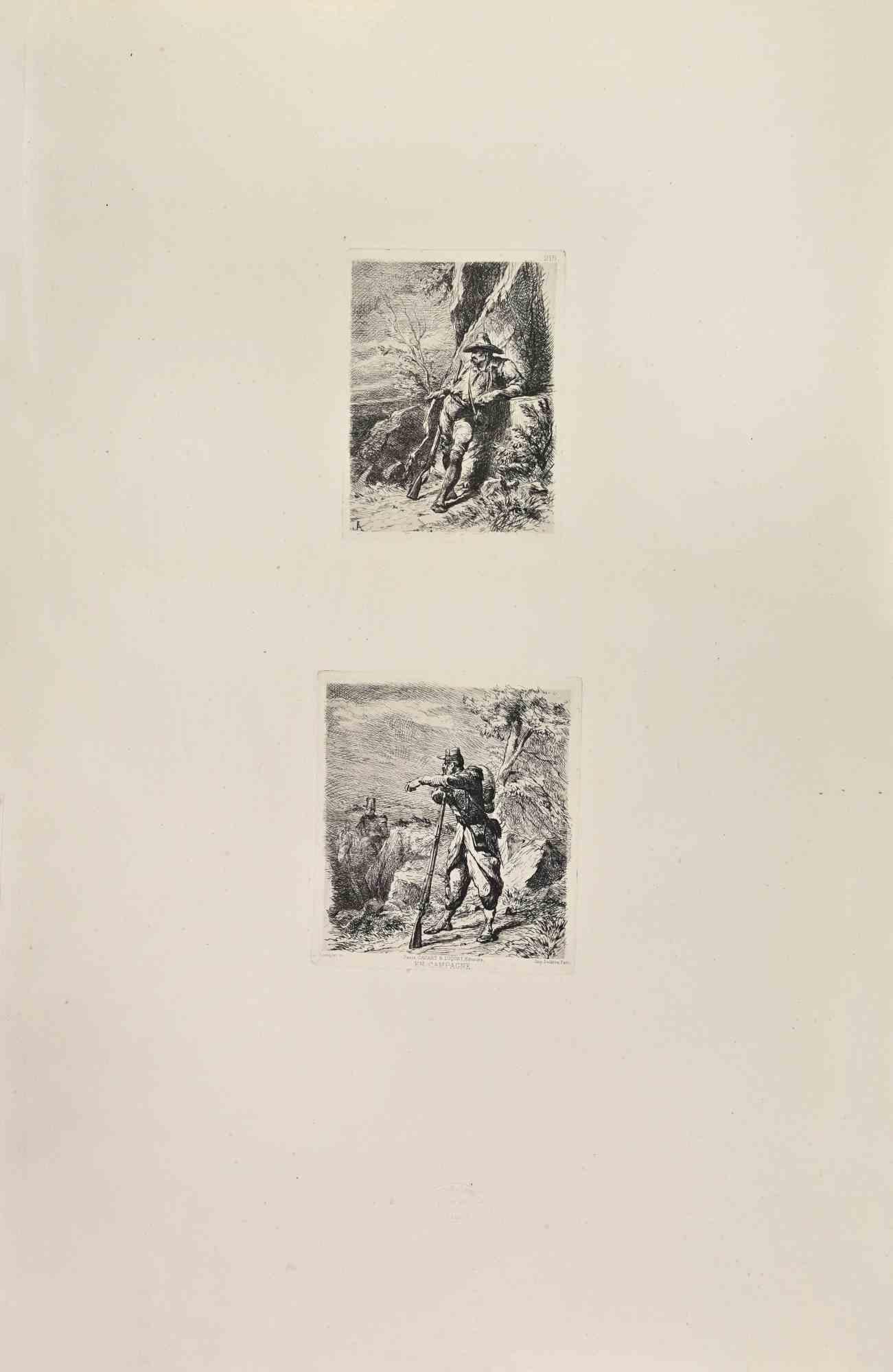 Auguste Lançon Figurative Print - En Campagne - Etching by Auguste Lancon - 1860s