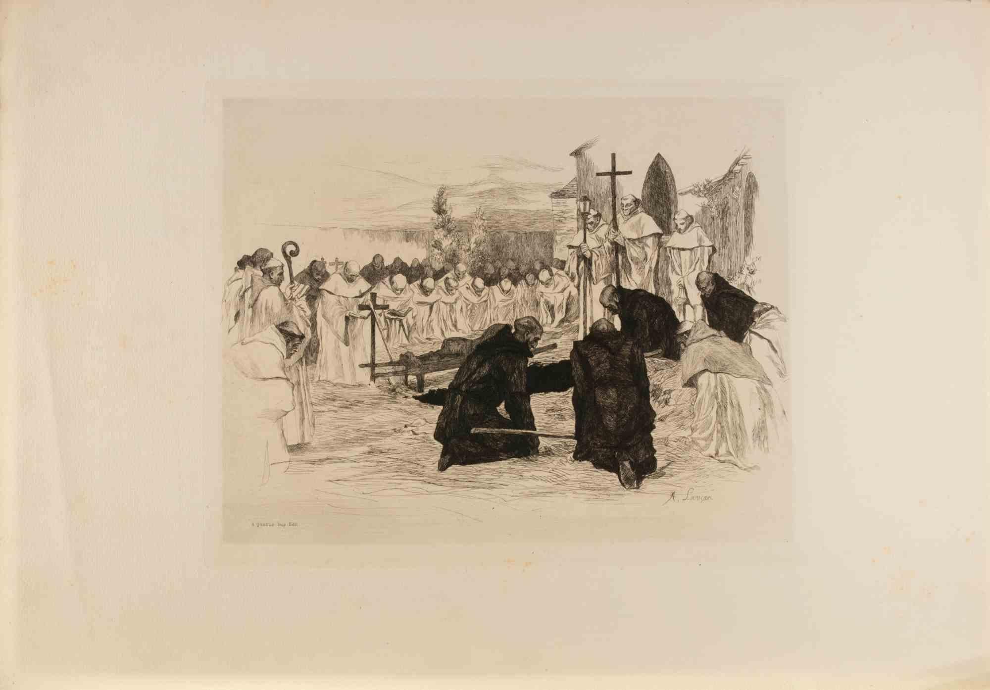 Auguste Lançon Figurative Print - Les Trappistes - Etching by Auguste Lancon - 1883