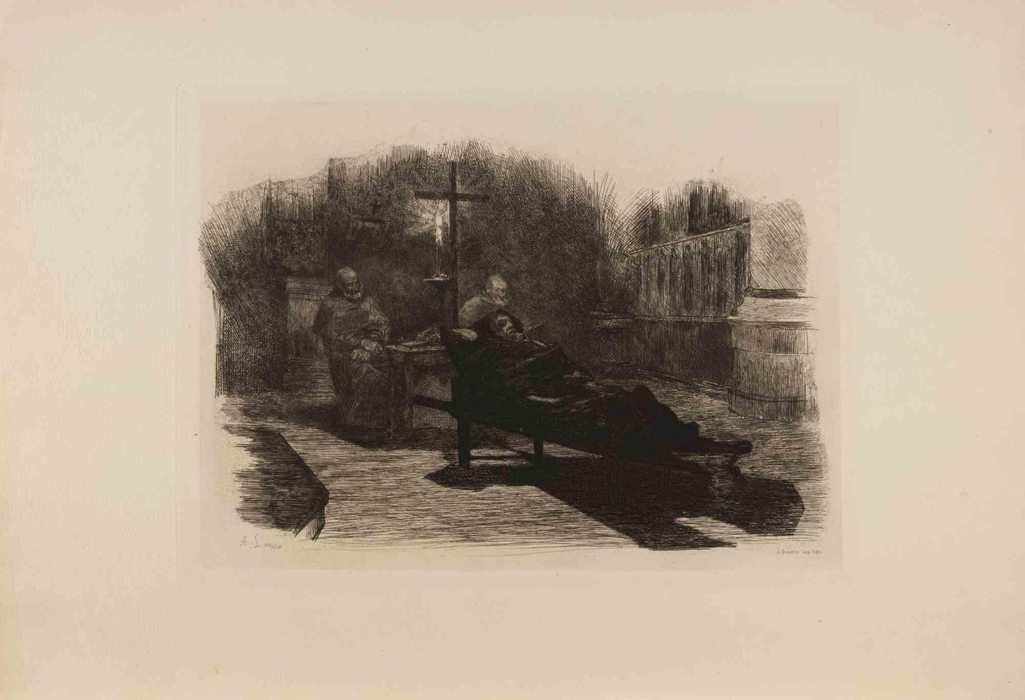 Figurative Print di Auguste Lançon - Les Trappistes - Acquaforte di Auguste Lancon - 1883