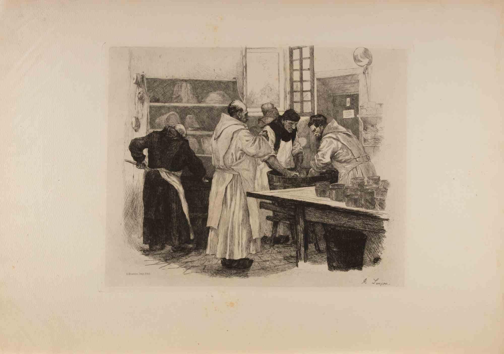 Auguste Lançon Figurative Print - Les Trappistes - Etching by Auguste Lancon - 1883