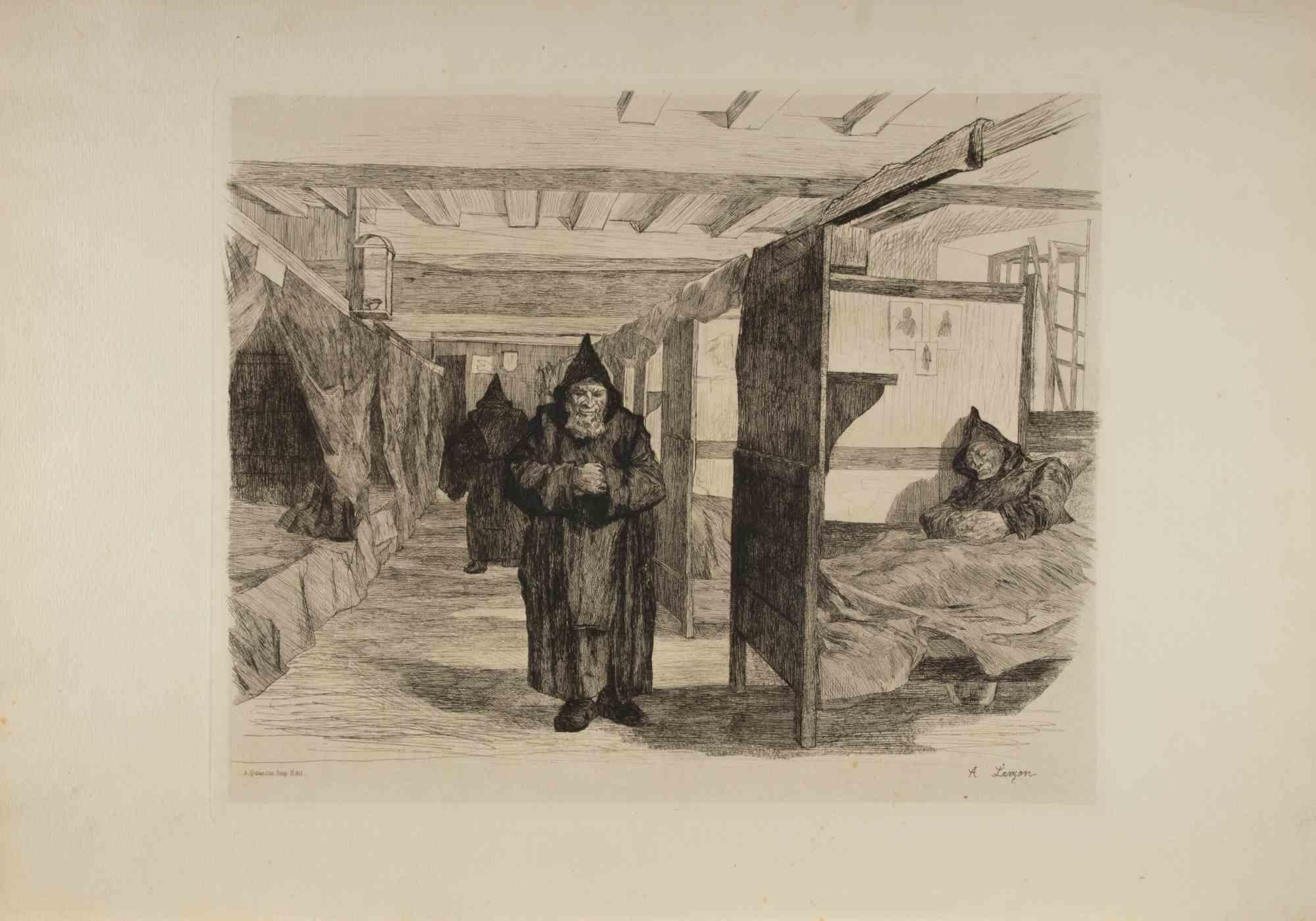 Auguste Lançon Figurative Print - Les Trappistes - Etching by Auguste Lancon - 1883