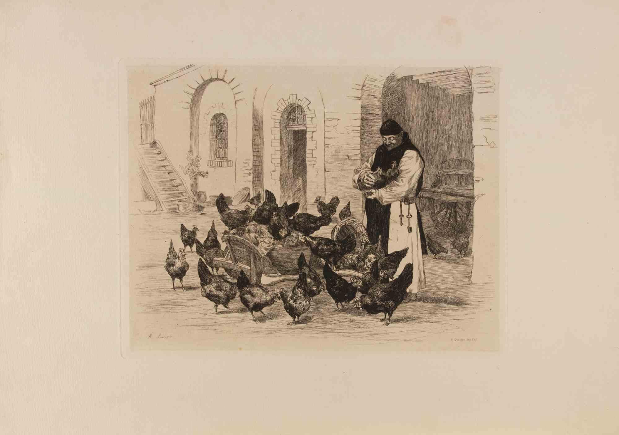 Auguste Lançon Figurative Print - Les Trappistes - Etching by Auguste Lancon - 1883