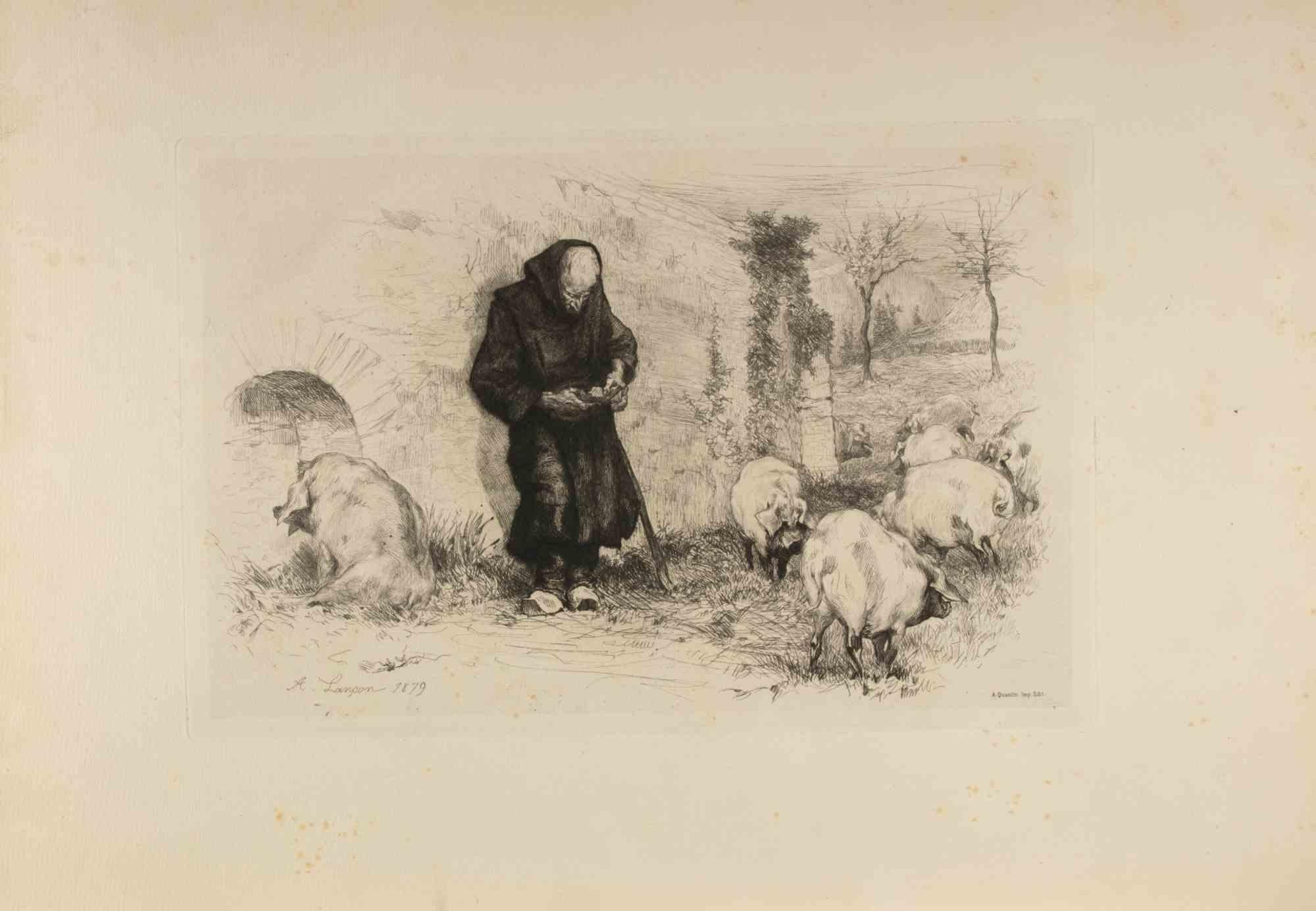 Auguste Lançon Figurative Print - Les Trappistes - Etching by Auguste Lancon - 1883