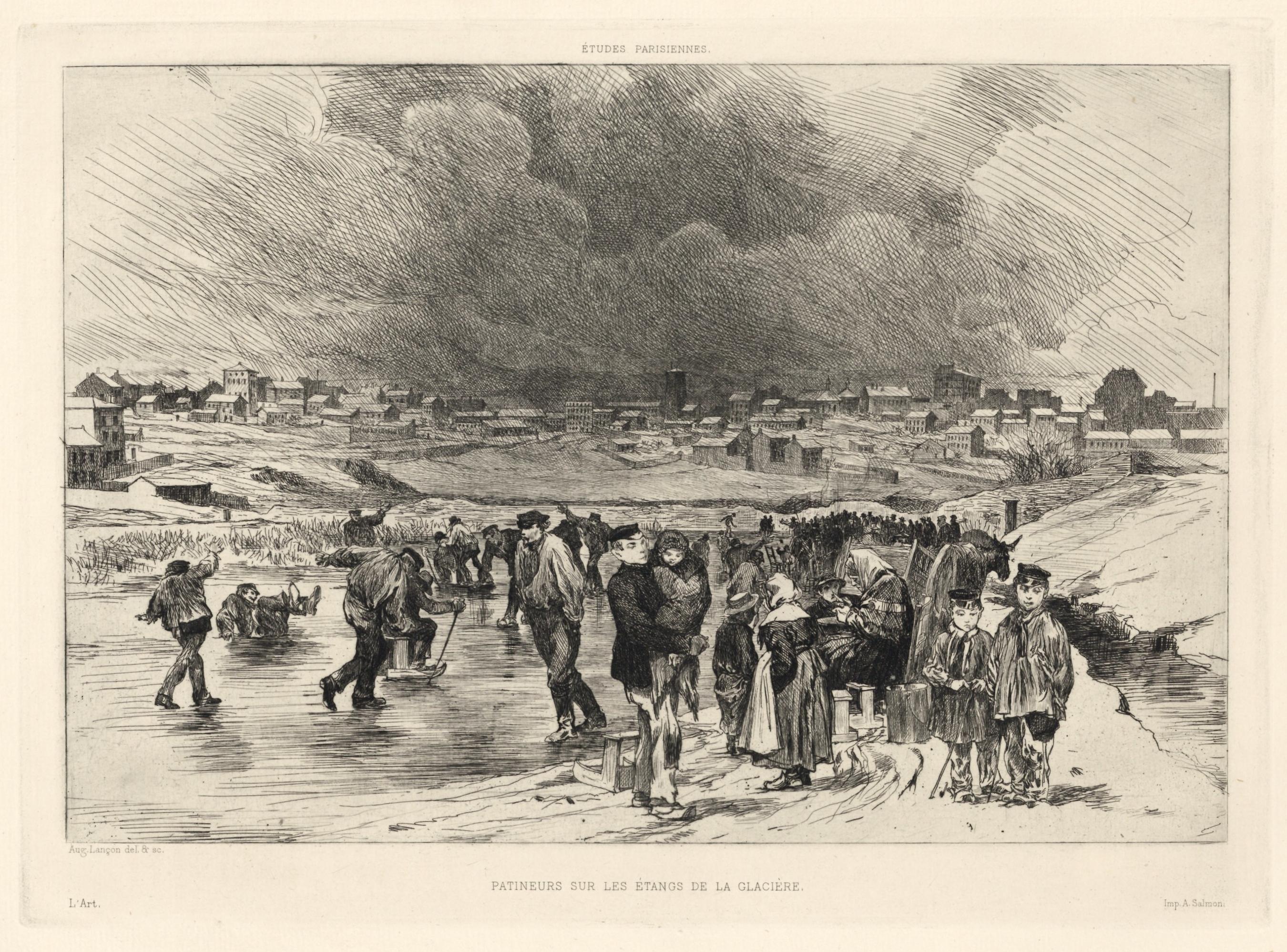 "Patineurs sur les etangs de la glaciere" original etching - Print by Auguste Lançon