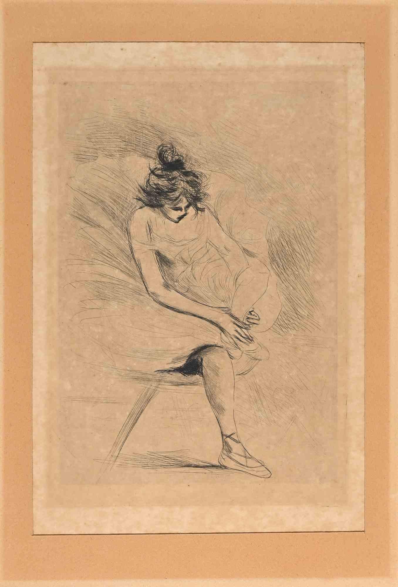 Die Ballerina ist eine schwarz-weiße Radierung von Auguste Legrand (französischer Künstler, tätig zwischen 1825 und 1860).

In sehr gutem Zustand.

Dieses moderne Kunstwerk stellt eine Ballerina in sehr schnellen, geschickten Strichen dar.