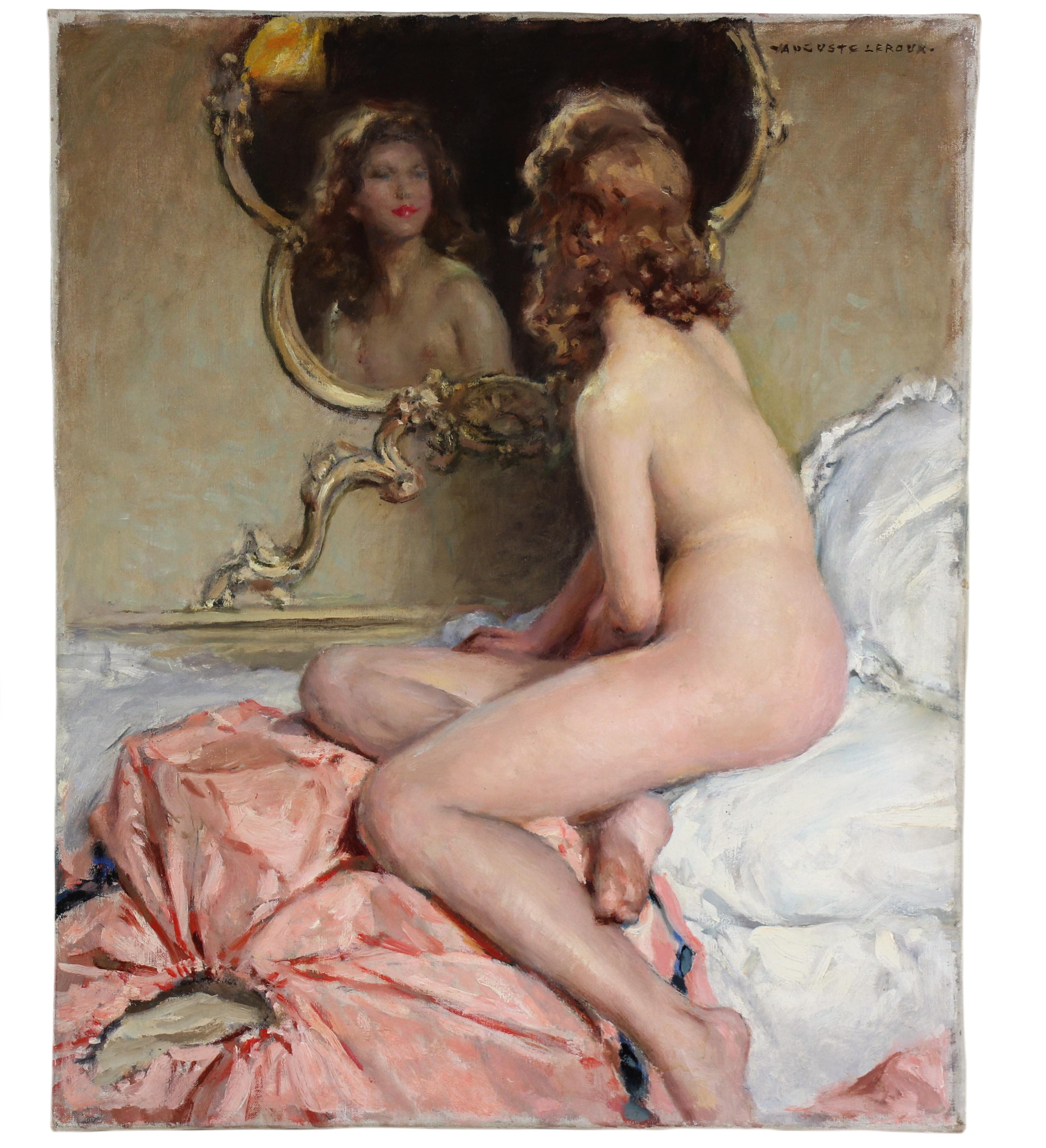 Painting Oil On Canvas, Nude before a mirror by French artist Auguste Leroux For Sale 1