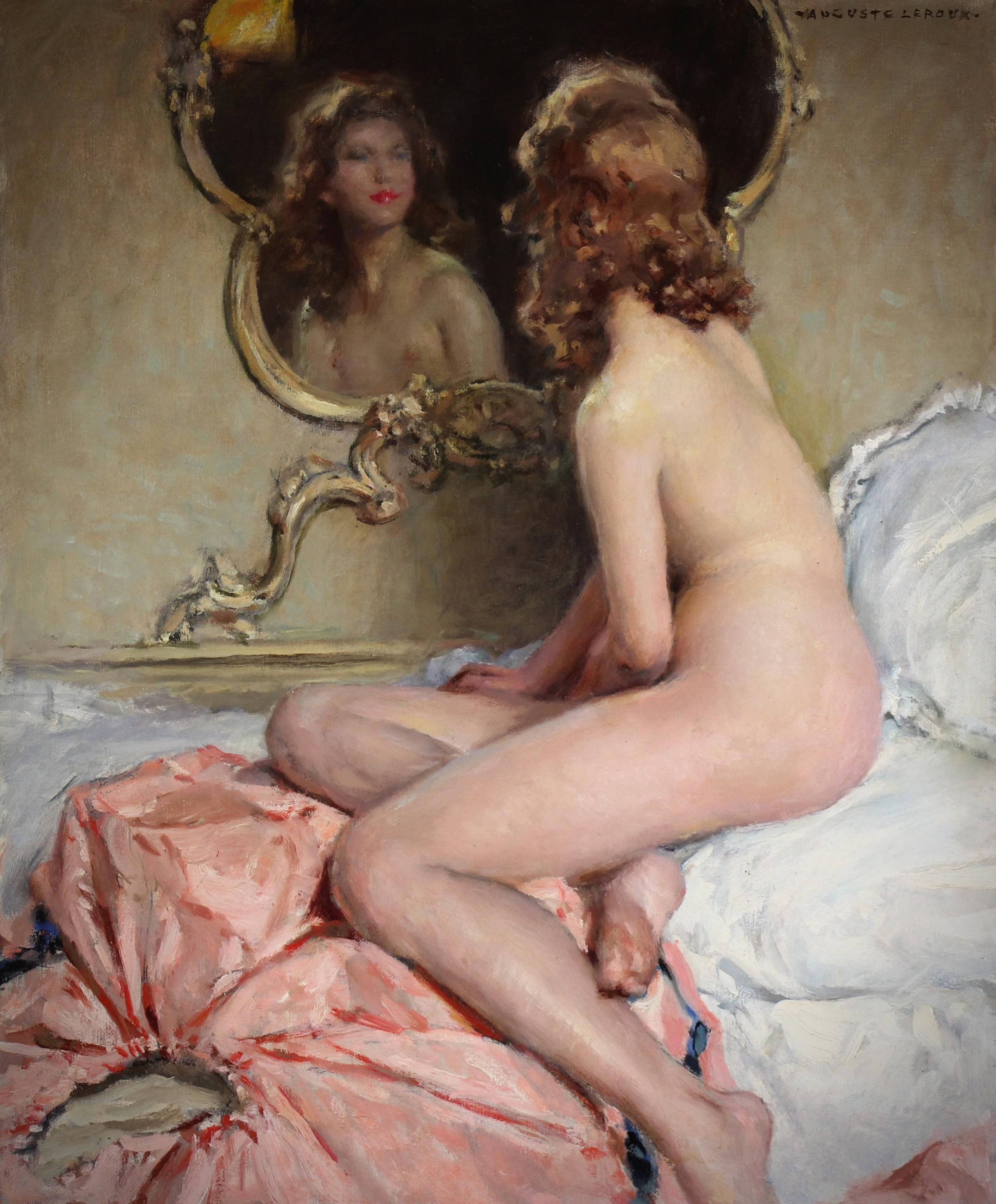 Painting Oil On Canvas, Nude before a mirror by French artist Auguste Leroux For Sale 2