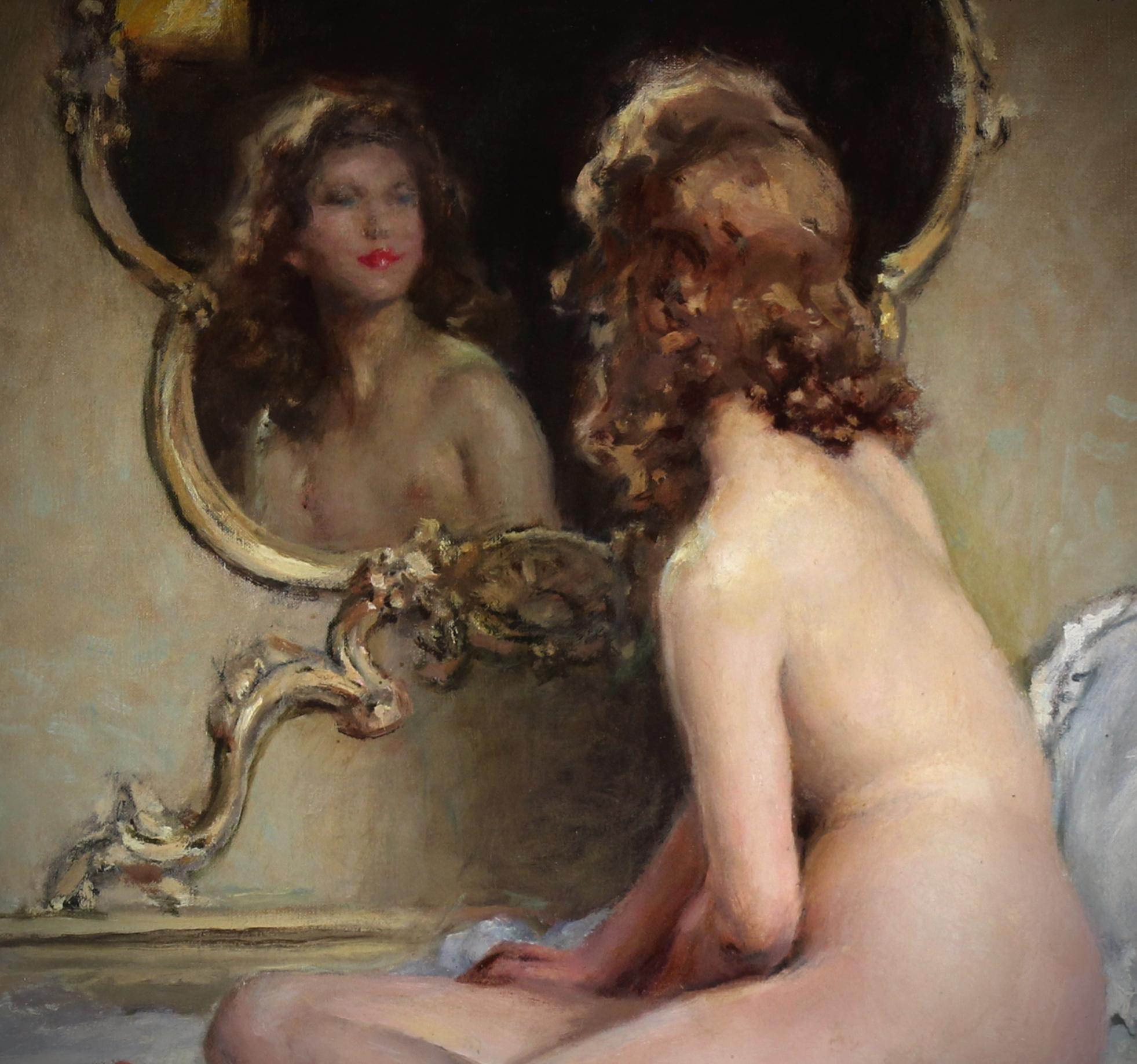 Painting Oil On Canvas, Nude before a mirror by French artist Auguste Leroux For Sale 3