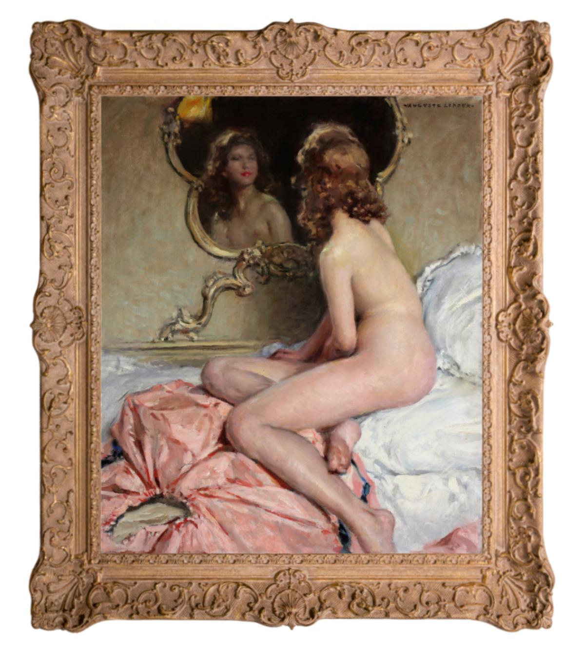 Nude before a mirror by French artist Auguste Leroux 
Beautiful oil on canvas, French school from the 1920' . 
The painting is not framed 

Title: " Nude before a mirror "
Medium: original oil on canvas
Signature: Signed top right
Provenance: French