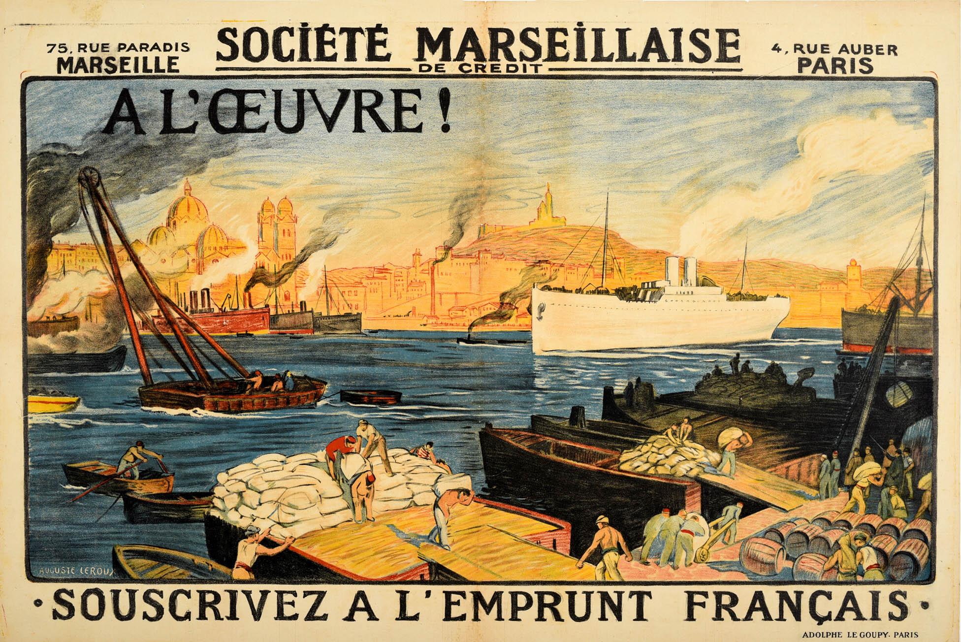 Auguste Leroux Print - Original Antique Poster Societe Marseillaise De Credit Post WWI Rebuilding Loan