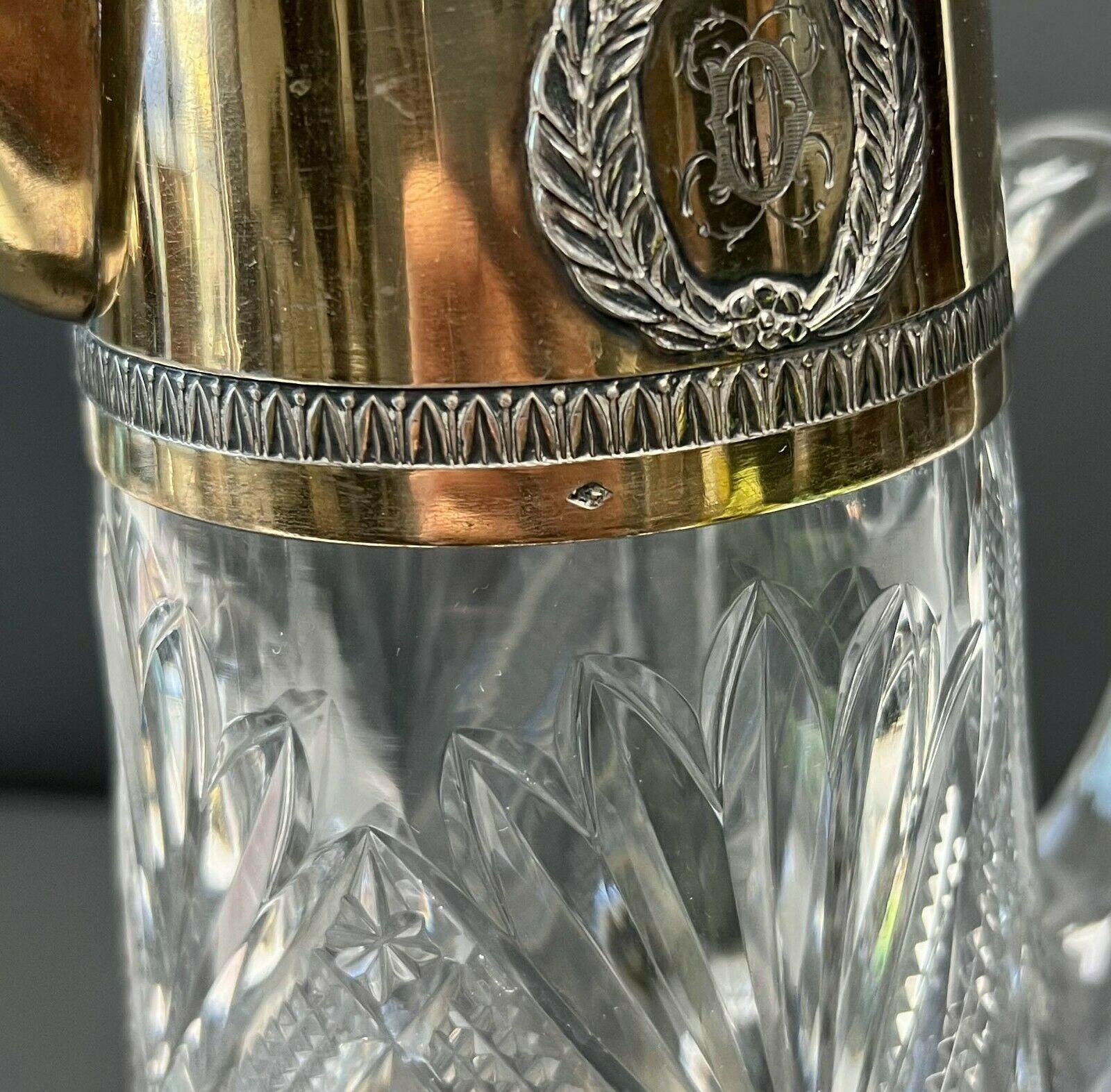 20th Century Auguste Leroy & Cie France Gilt 950 Silver Mounted Cut Glass Pitcher, circa 1920 For Sale