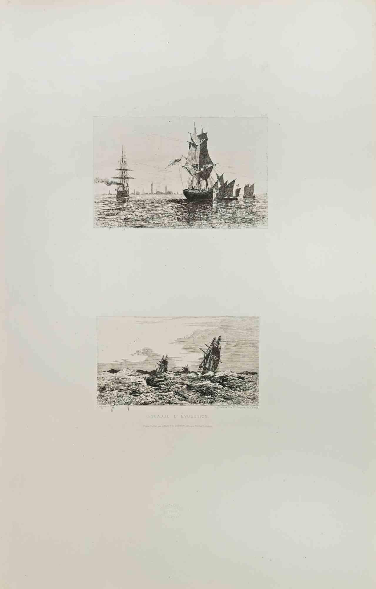 Etching on laid paper
Signed in plate lower left: Longueville
Published by Cadart &amp; Luquet, Éditeurs, 79 Rue Richelieu, Paris
With the blindstamp of the Société des Aquafortistes, lower margin
In Escadre d’Évolution (“Squadron in Maneuver”),