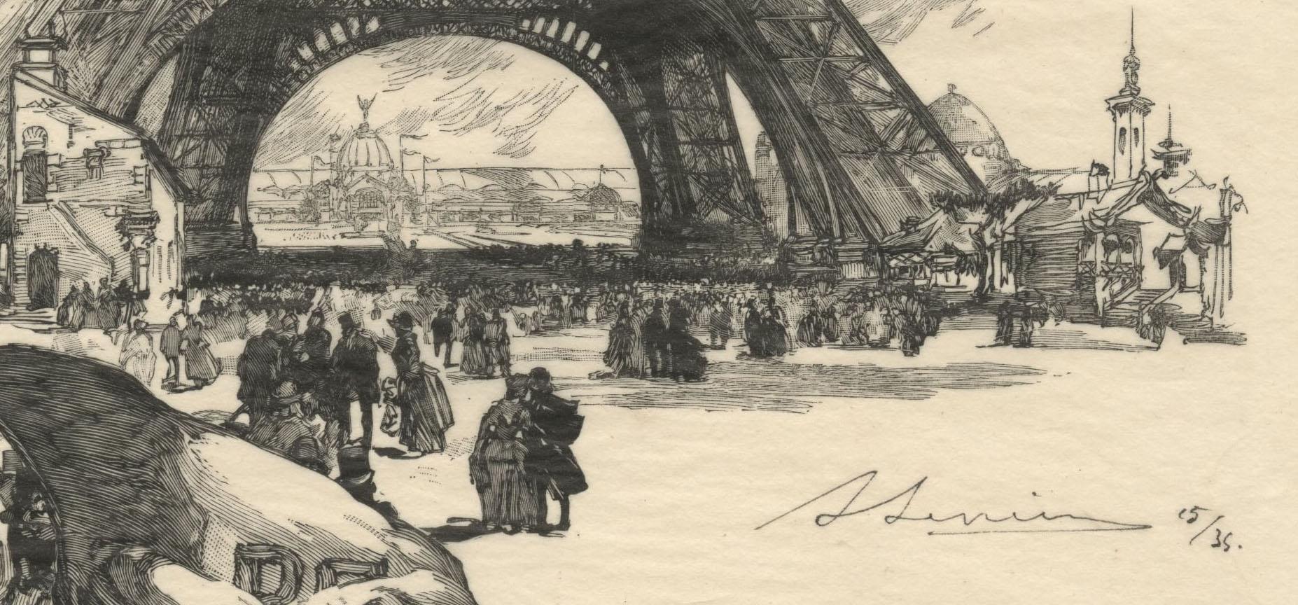 A l'Exposition Universelle: La Tour Eiffel - Impressionist Print by Auguste Louis Lepère