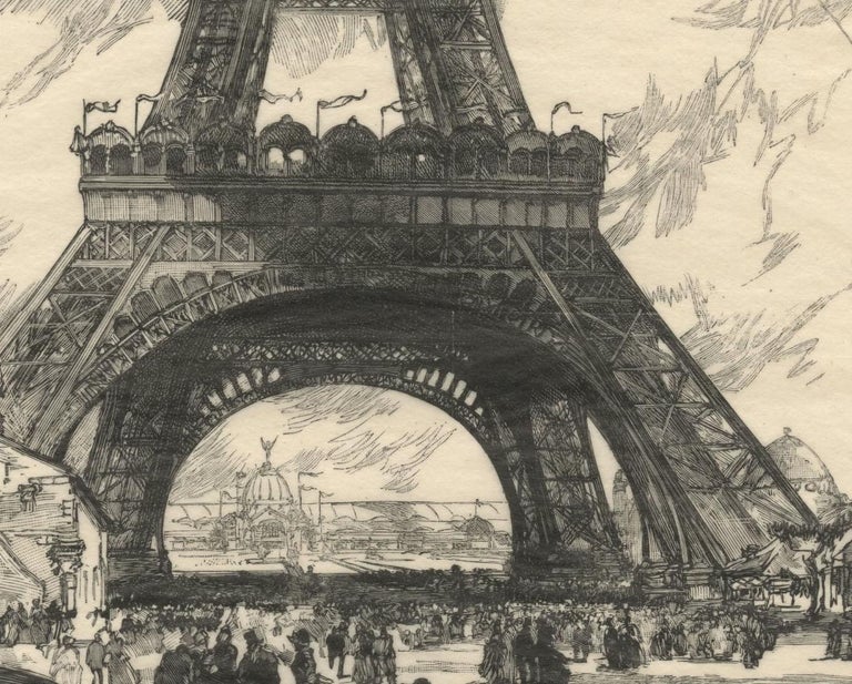 A l'Exposition Universelle: La Tour Eiffel             - Beige Landscape Print by Auguste Louis Lepère