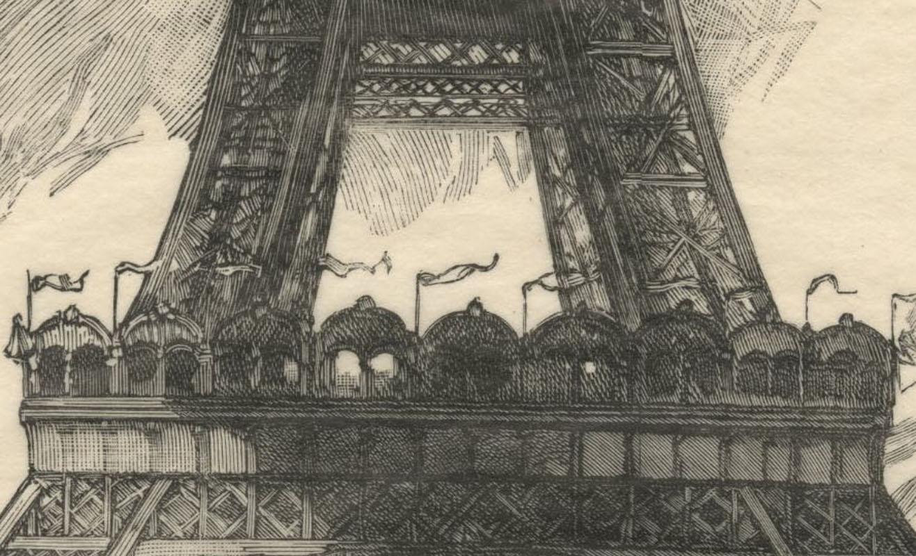 A l'Exposition Universelle : La Tour Eiffel            
Gravure sur bois, 1889
Signé et numéroté à l'encre par l'artiste (voir photo)
Edition : Edition de luxe de 35 exemplaires imprimés sur tissu japonais (15/35) (voir photo)
De : le portfolio 
