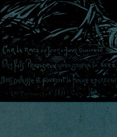 "Car La Race, Became the Race..., " Woodcut on Blue Paper by Louis Lepere