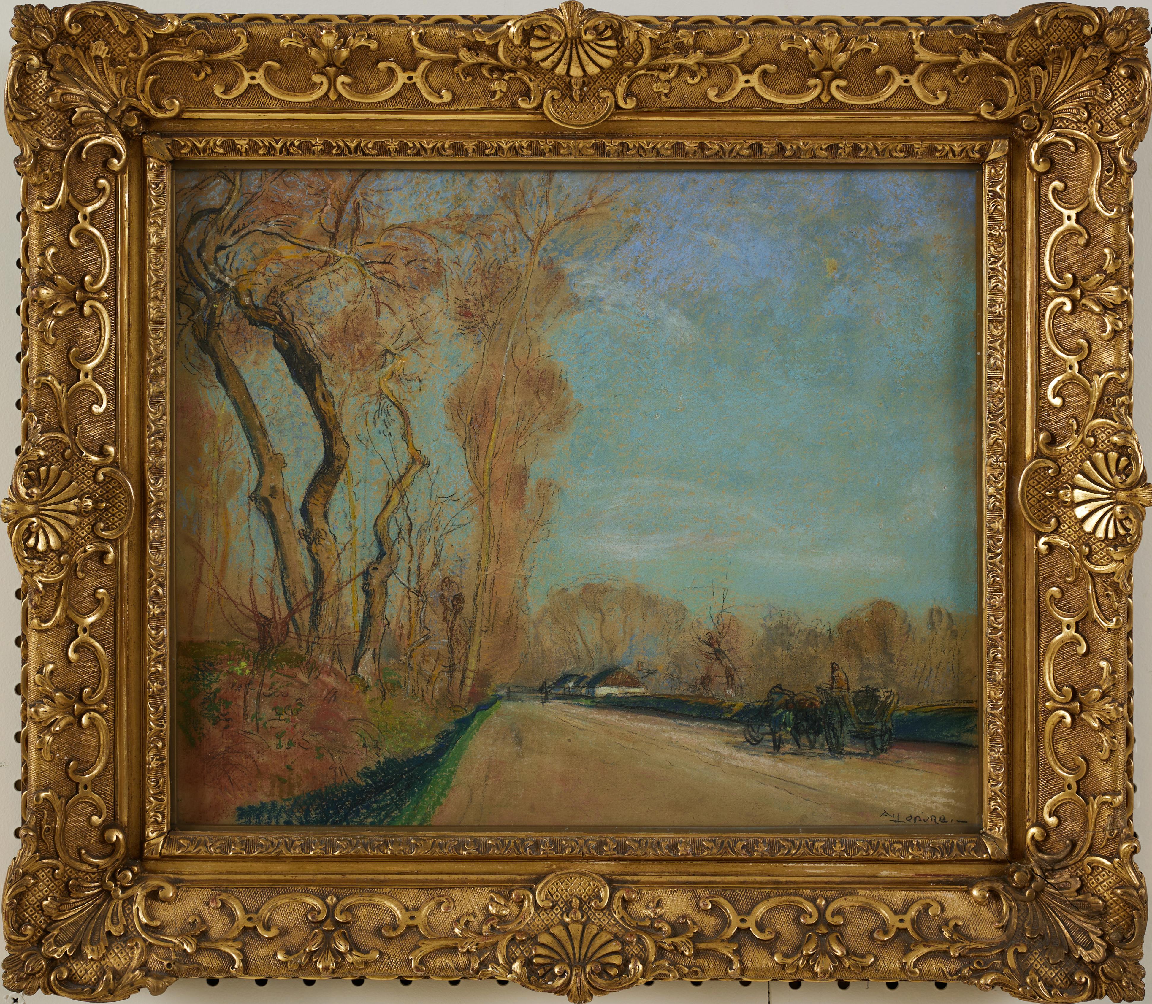 Figurative Painting Auguste-Louis Lepère - Scène de paysage de village français avec arbres et buggy, début du 20e siècle
