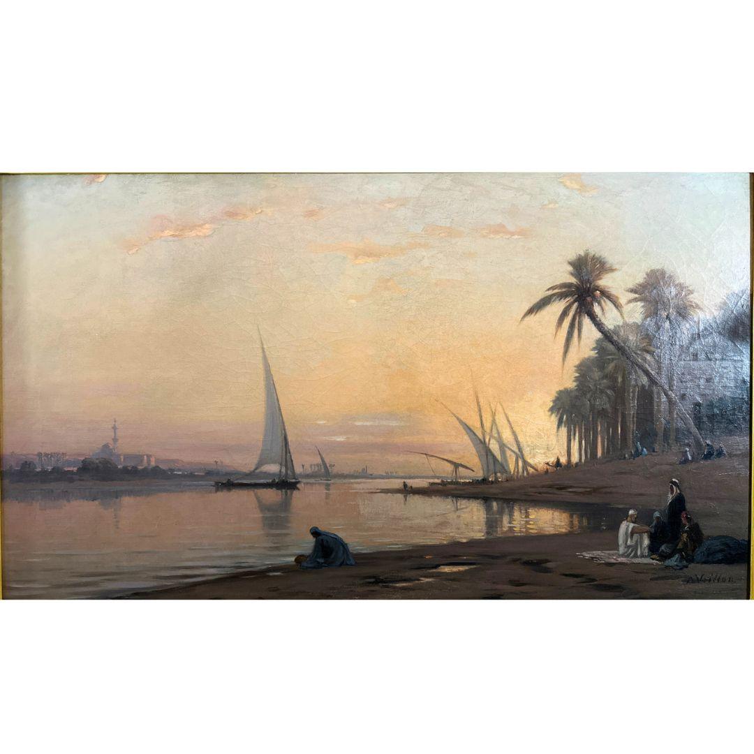 Sera lungo il Nilo 19° secolo firmato Grande dipinto a olio realista antico su tavola - Painting di Auguste Louis Veillon