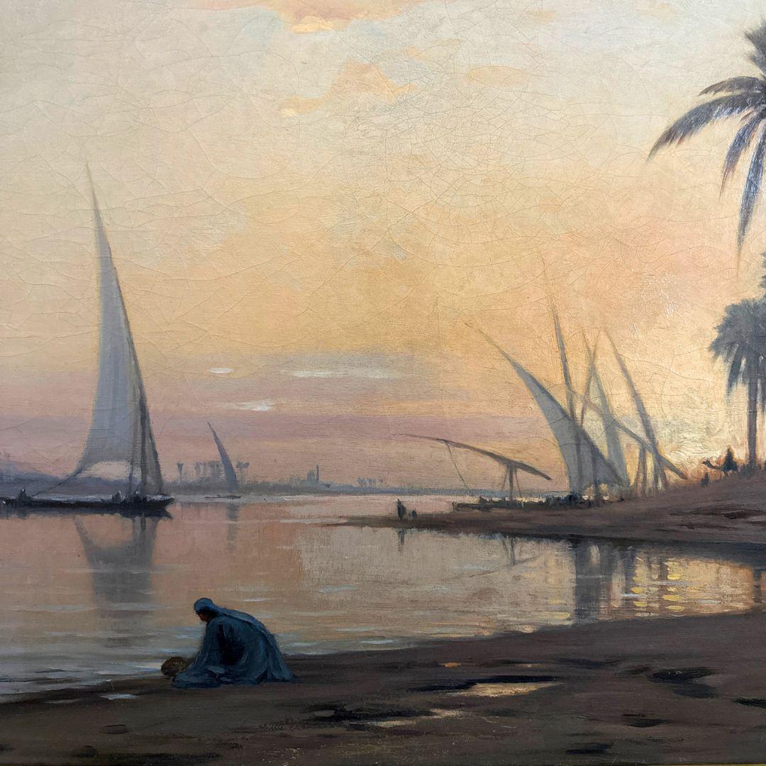 Sera lungo il Nilo 19° secolo firmato Grande dipinto a olio realista antico su tavola - Painting Accademia di Auguste Louis Veillon
