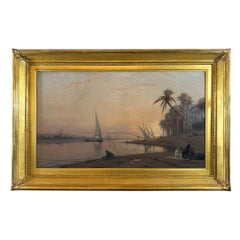 Evening Along the Nile 19th C Signed Large Antique Realist Oil Painting on Board
