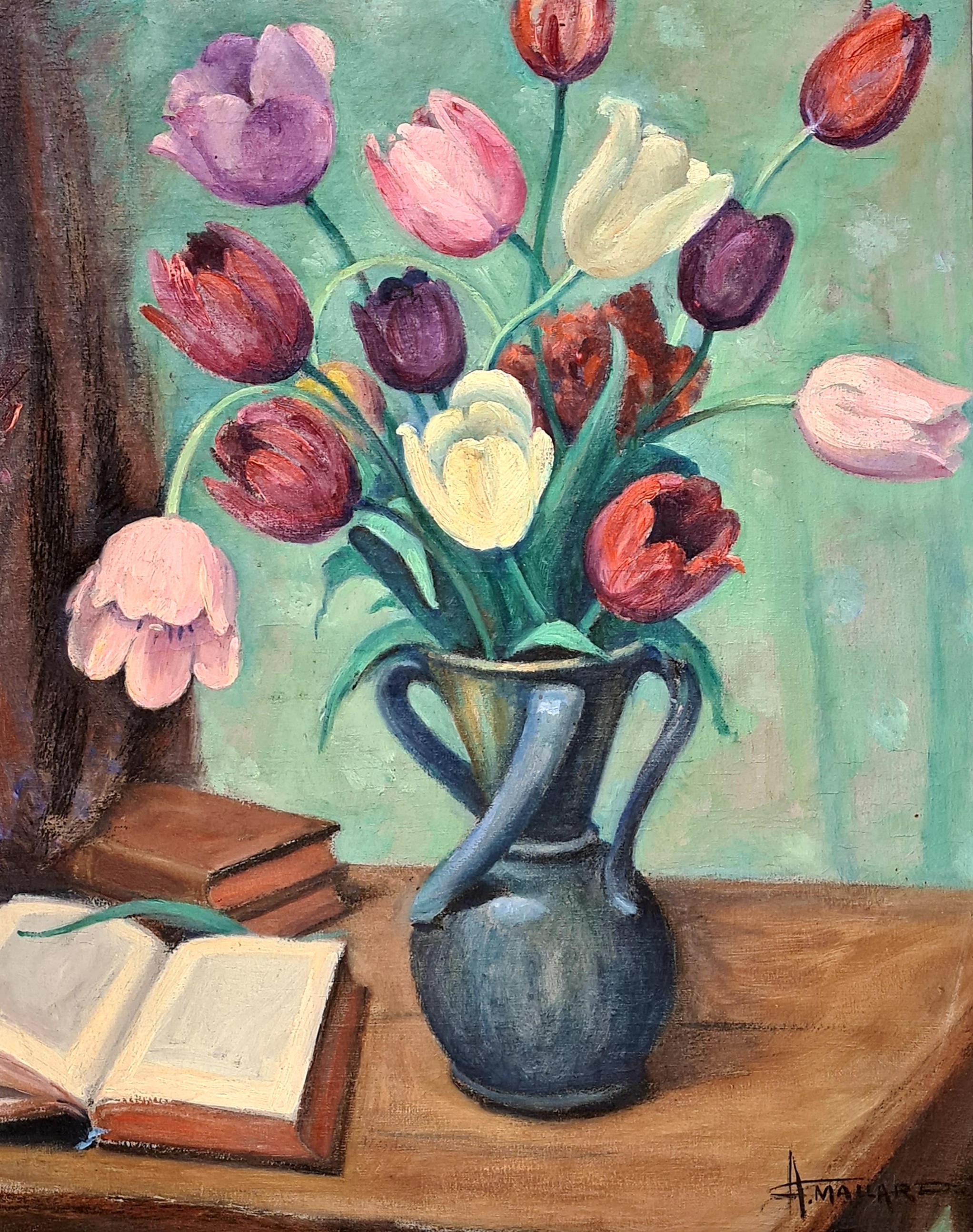 The Tulips, Nature morte Art déco sur toile de tulipes dans un vase dans un intérieur - Painting de Auguste Mallard