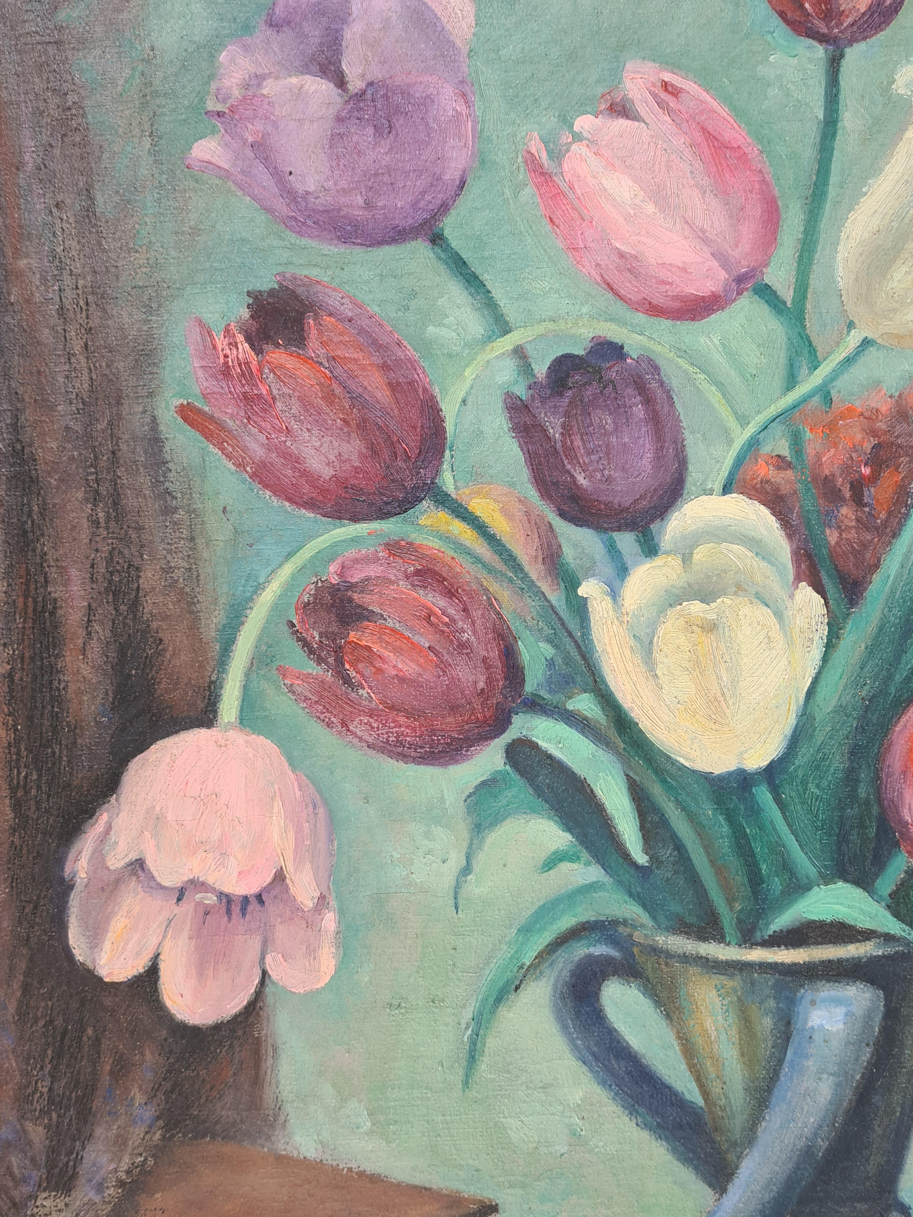 Tulips, Art-Déco-Stillleben auf Leinwand mit Tulpen in einer Vase in einem Interieur im Angebot 3