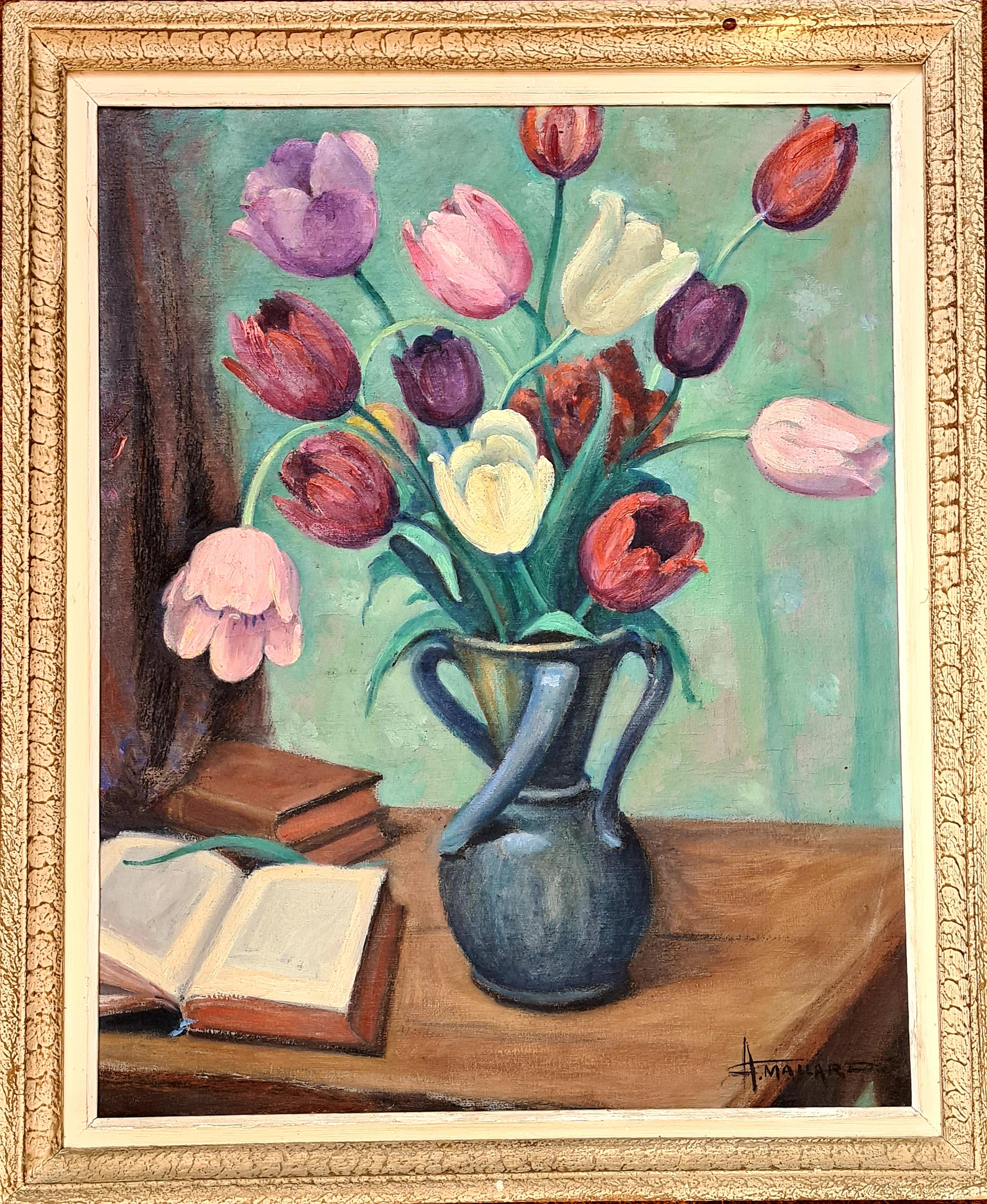 Auguste Mallard Still-Life Painting – Tulips, Art-Déco-Stillleben auf Leinwand mit Tulpen in einer Vase in einem Interieur