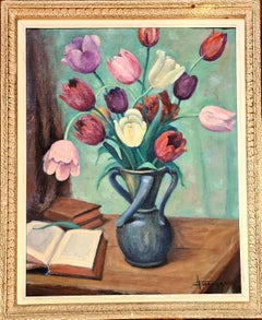 The Tulips, Art Deco Still Life on Canvas of Tulips in a Vase in an Interior