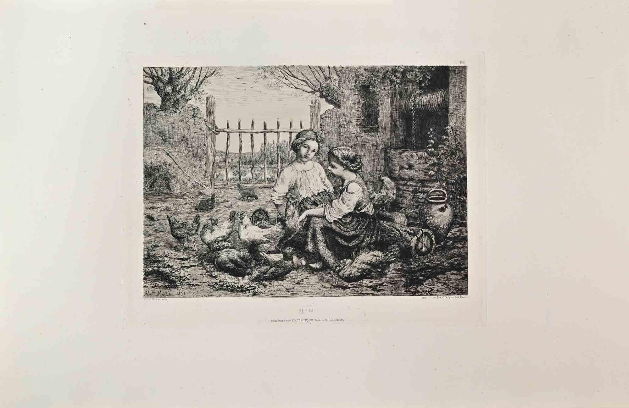 Repos is a black and White etching realized by Auguste Mathieu in the 1860s. 

Titled in the lower.

Image size: 24x32.

Very good impression with wide margins and a very fresh inking.

Realized for the "Société des Aquafortistes. Born on the