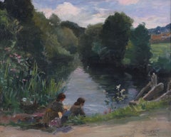 Pittura antica su pannello di Auguste Nobillet "Bambini lungo il fiume".