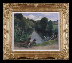 Auguste Michel Nobillet - 'Children by a River' Antique Painting on Panel by Auguste Nobillet 'Children by a River' Antique Painting on Panel by Auguste Nobillet