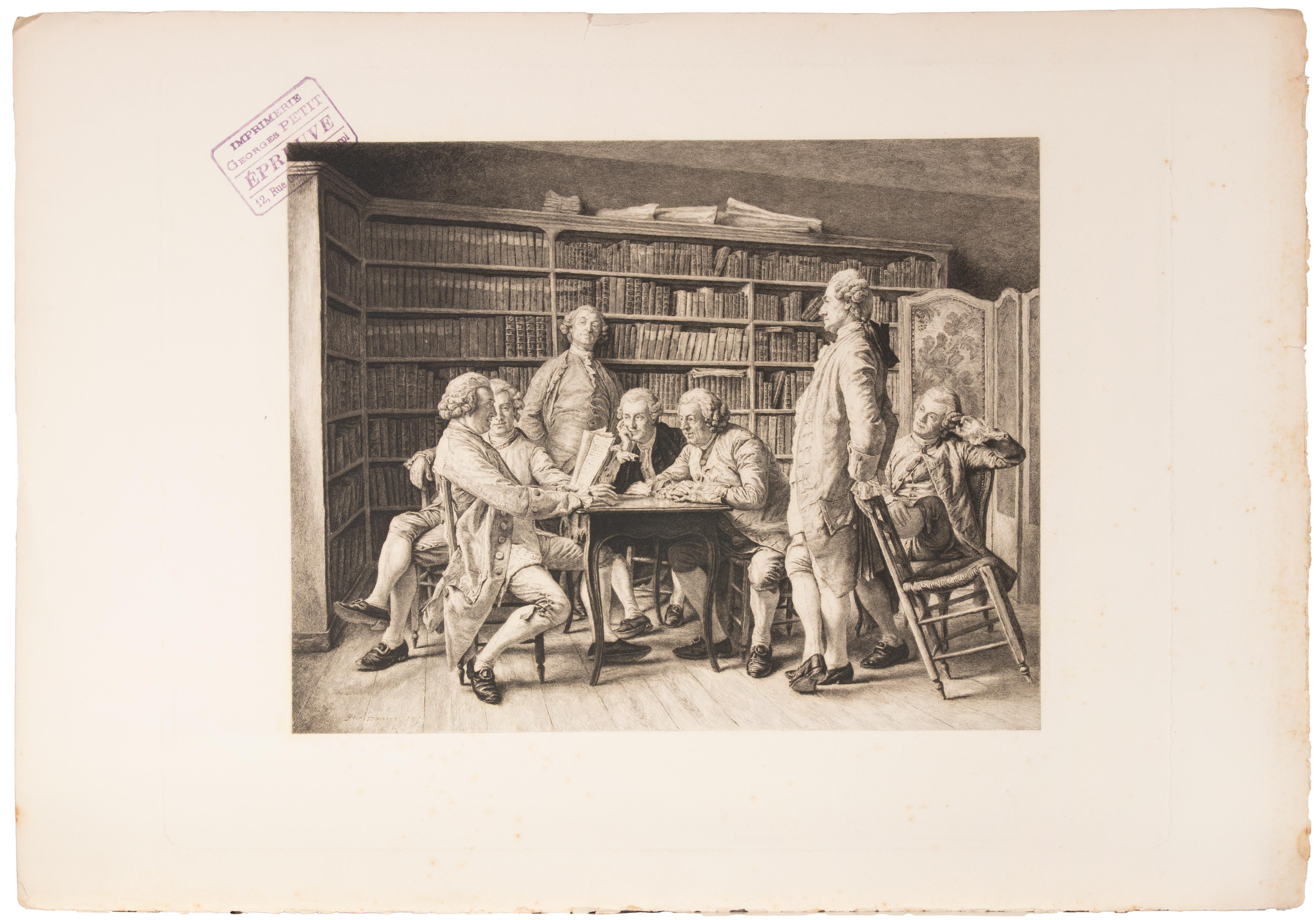 Figurative Print Auguste Mongin - Une Lecture chez Diderot - Gravure d'August Mongin - 1878