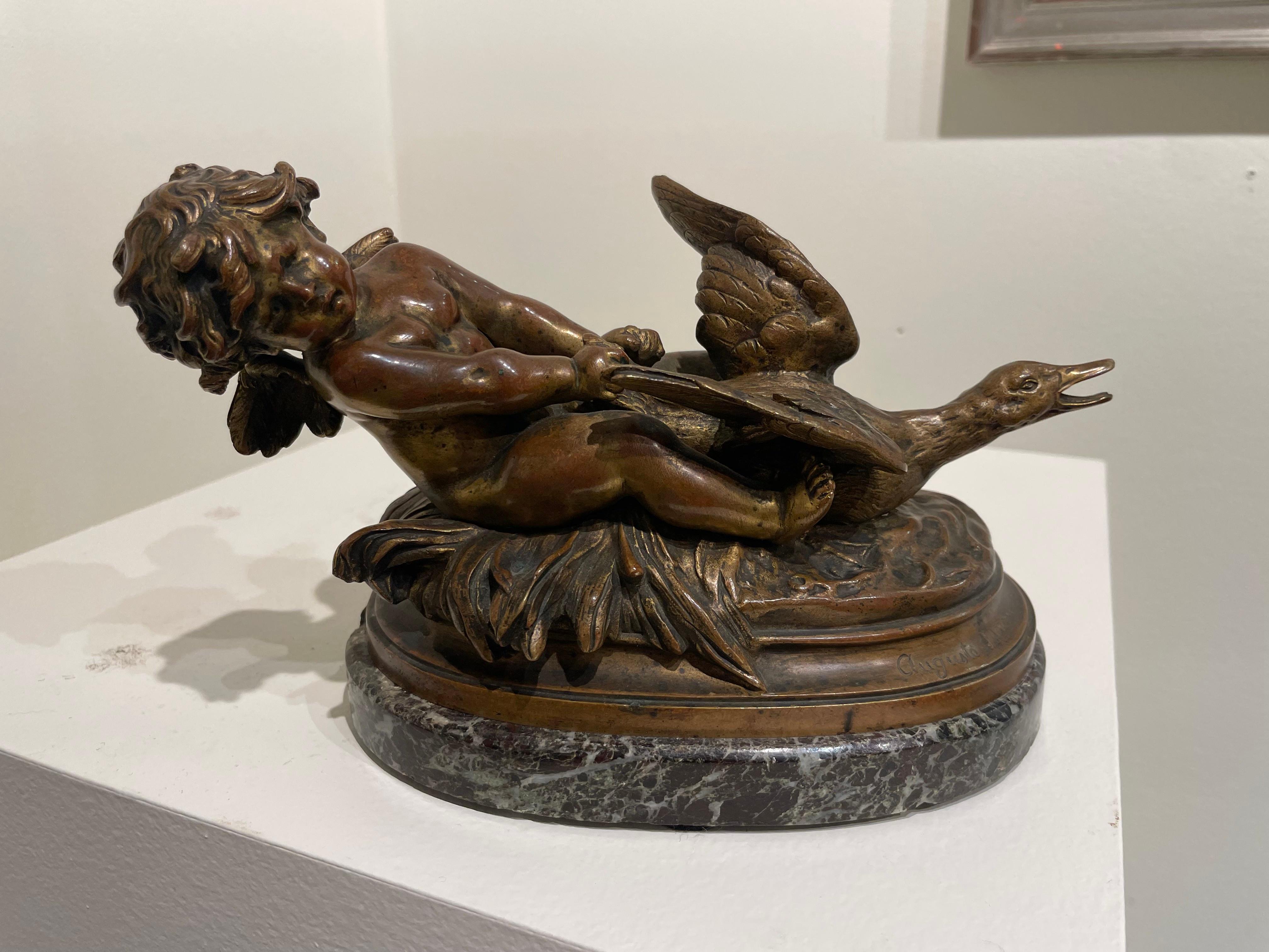 Swan Baby, Bronze- und Marmorskulptur aus dem 19. Jahrhundert mit Cherub und reitendem Schwan im Angebot 6