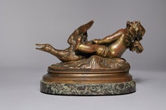 Swan Baby, 19th Century Bronze & Marble Sculpture of Cherub Riding Swan