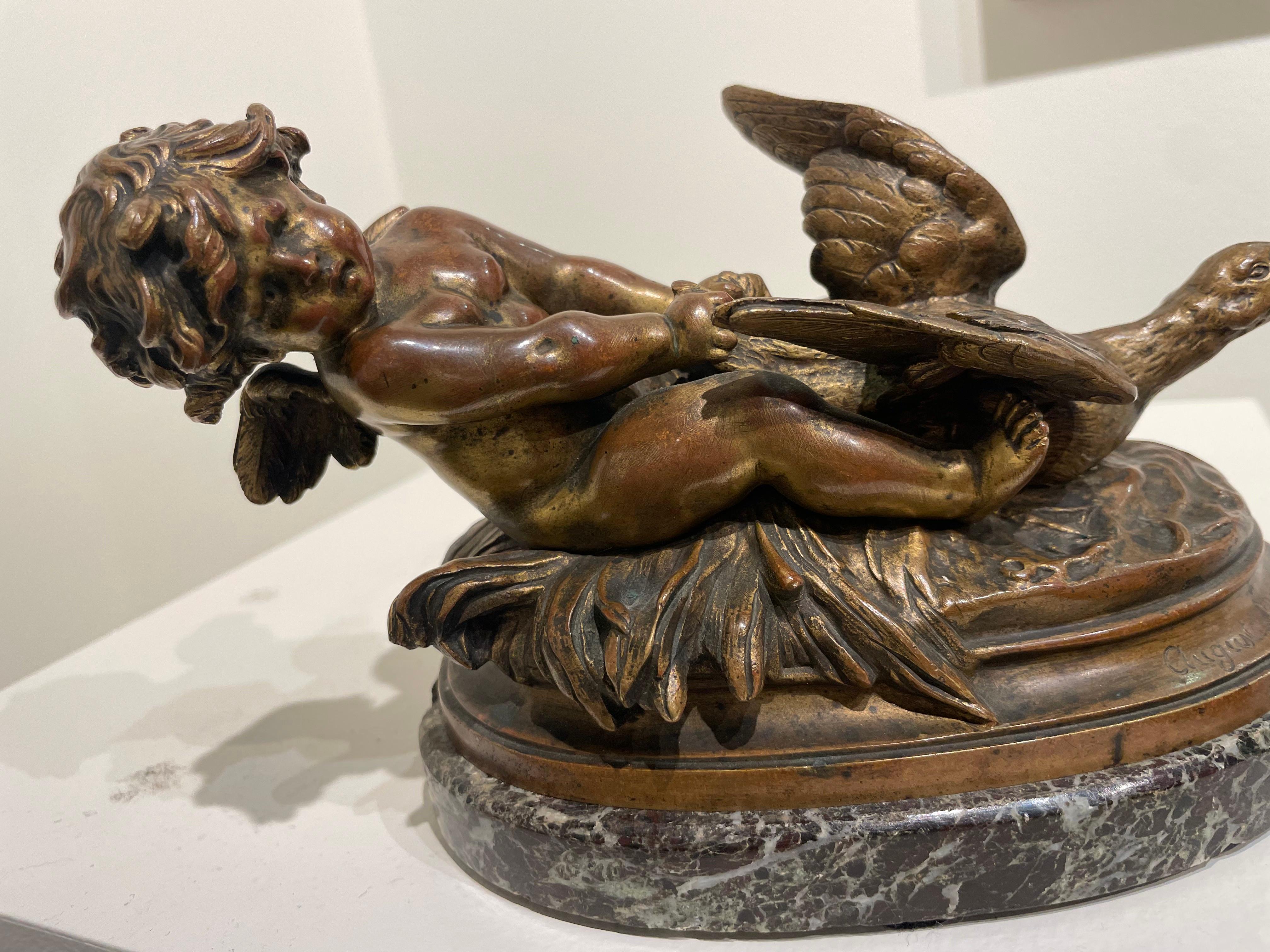 Swan Baby, Bronze- und Marmorskulptur aus dem 19. Jahrhundert mit Cherub und reitendem Schwan im Angebot 3