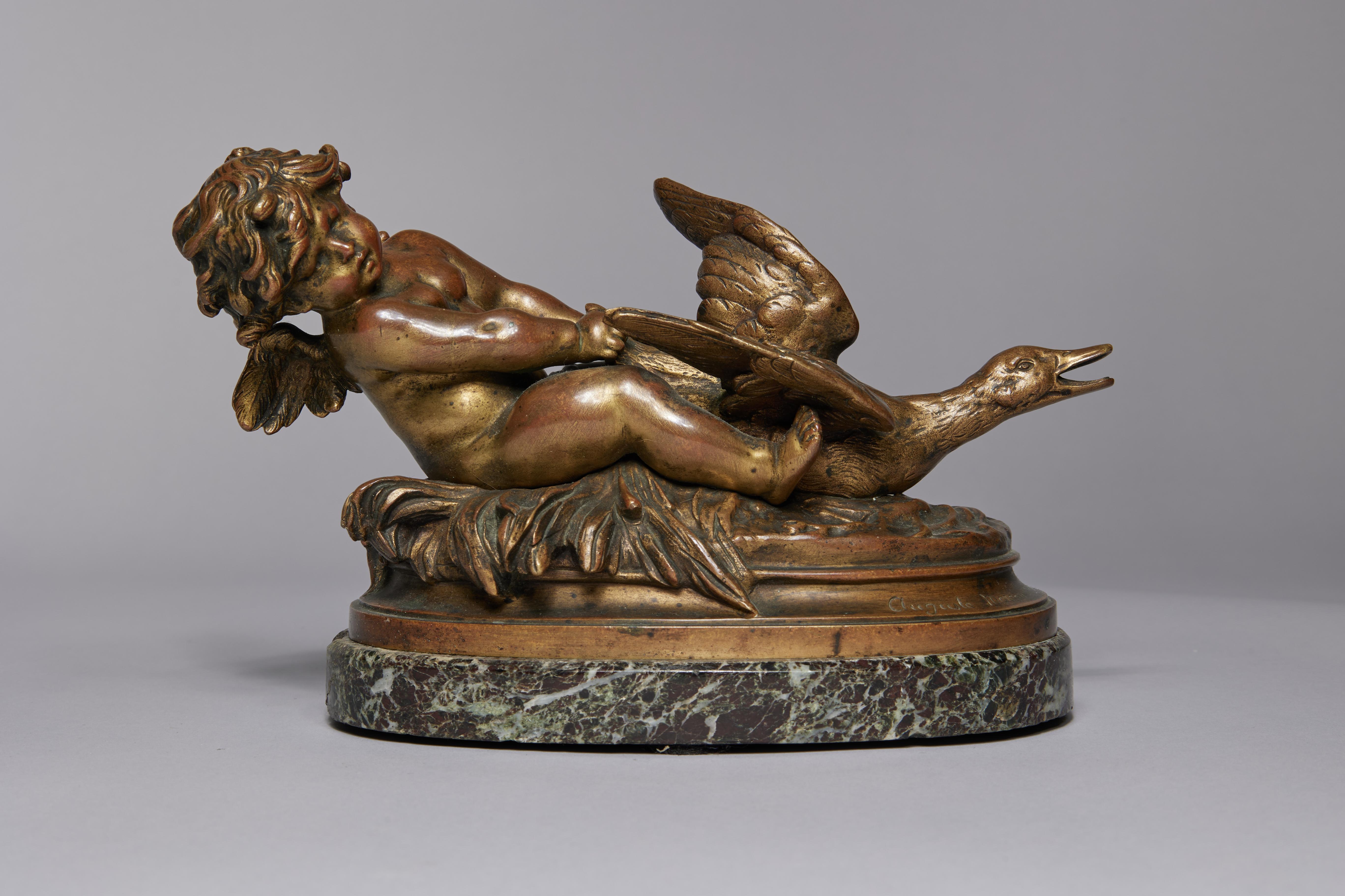 Swan Baby, 19th Century Bronze & Marble Sculpture of Cherub Riding Swan
