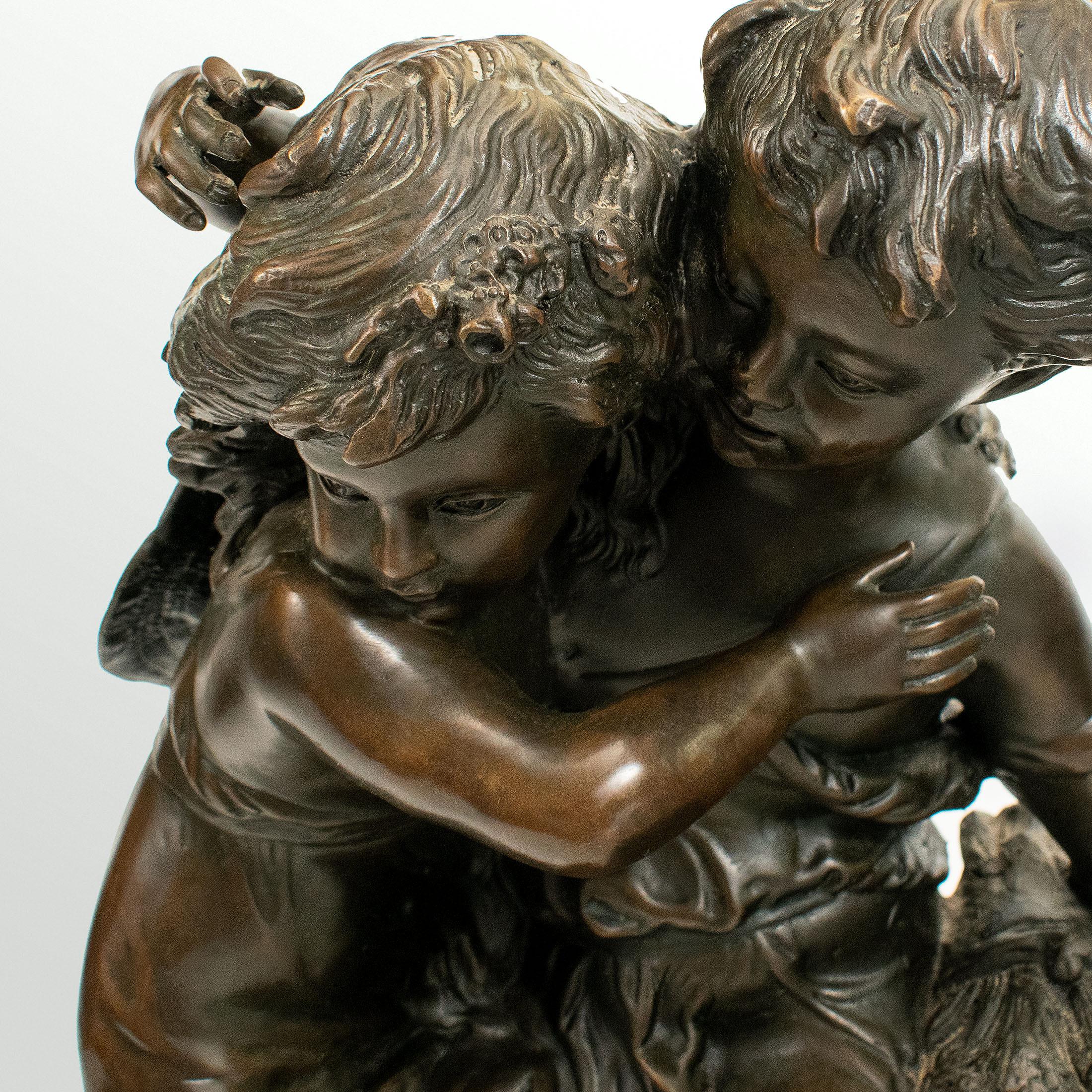 A charming bronze statue of two children carrying a bouquet of flowers, signed Auguste Moreau (1834 -1917), 42 cm x 22 cm.

Produced a short time after the death of the artist, early 20th century. This piece displays a pleasing patina.

Auguste