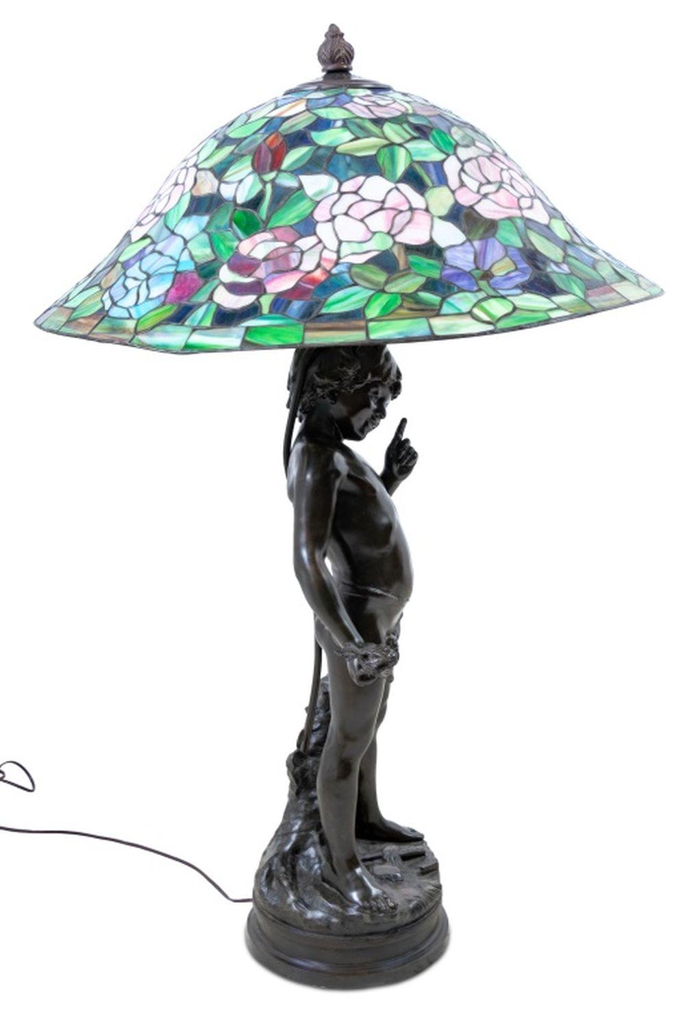 After Auguste Moreau (French, 1834-1917) Patinated Bronze and Leadlight Cherub Table Lamp, after a model by Auguste Moreau, signed to the base 
