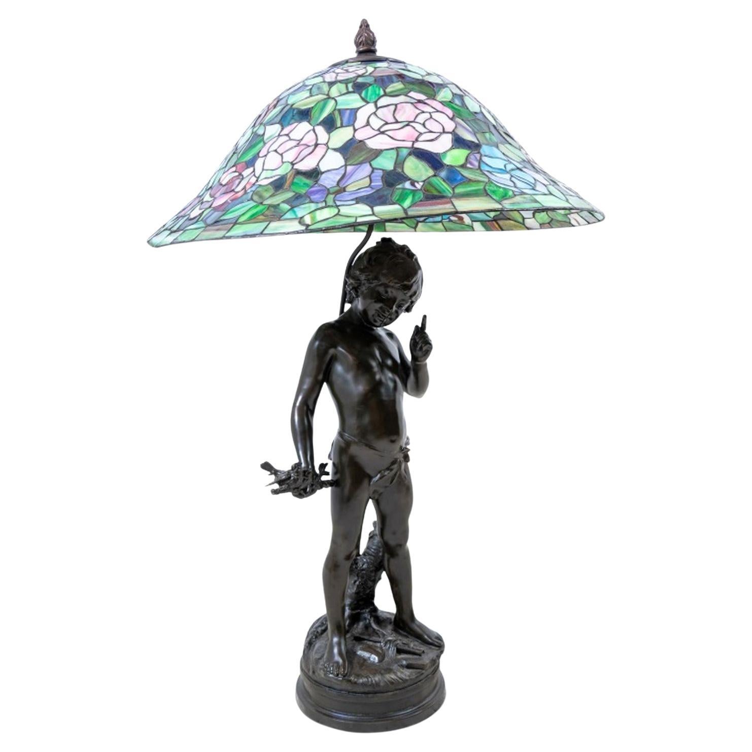 Auguste Moreau Bronze- und Bleiglas-Lampe