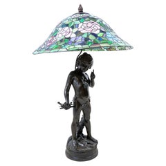 Auguste Moreau Bronze- und Bleiglas-Lampe